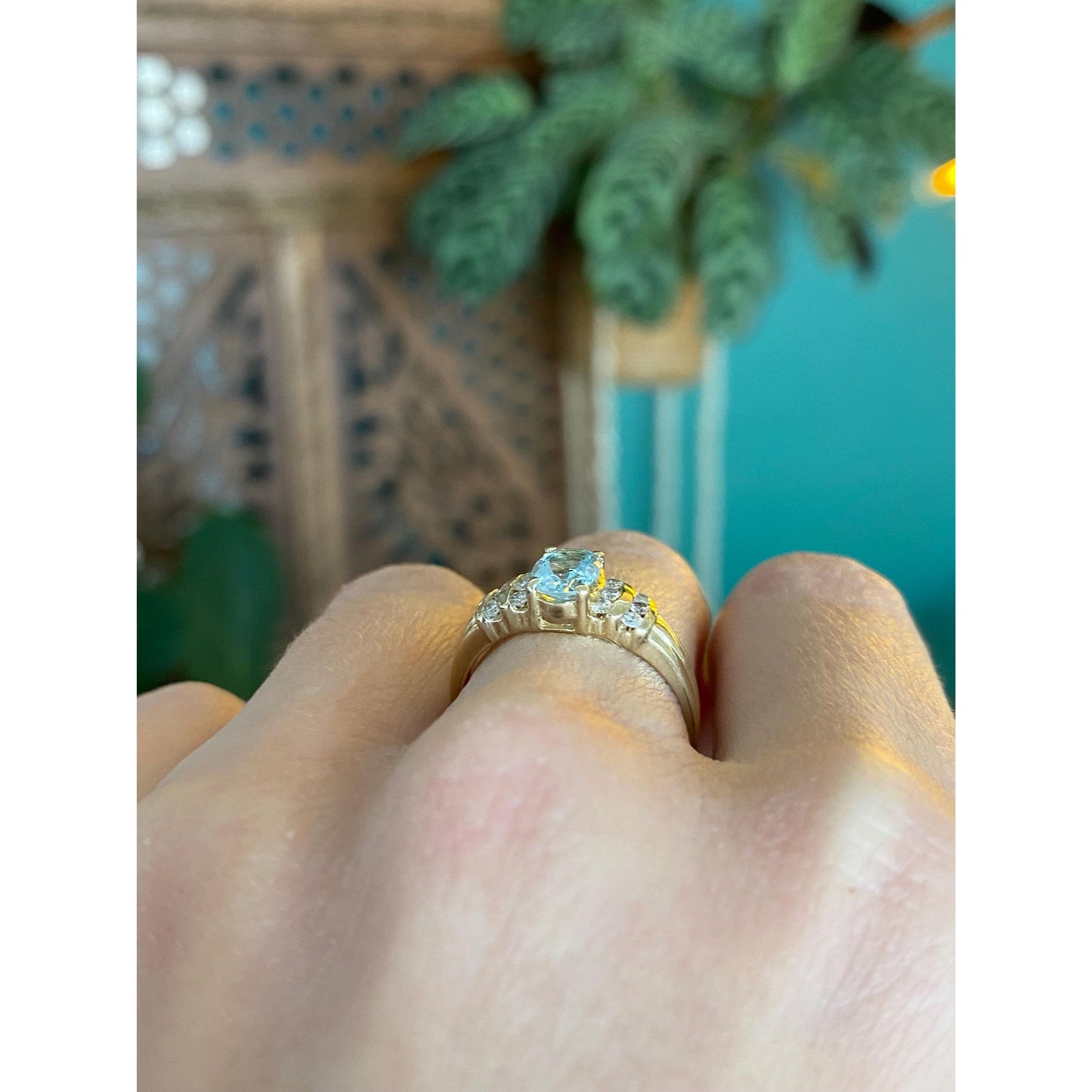 Vintage Solid 14k Yellow Gold Diamond Aquamarine Ring - Size 6.75