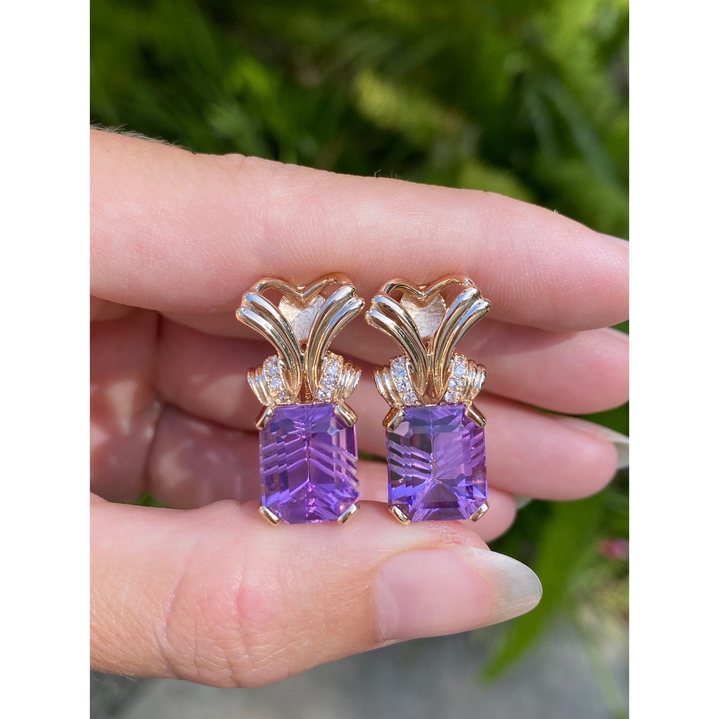 Solid 14k Yellow Gold Amethyst Clear Sapphire Drop Stud Earrings