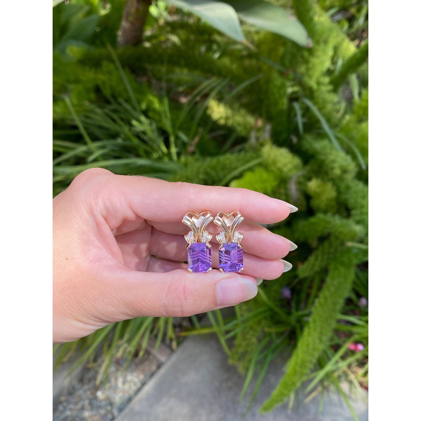 Solid 14k Yellow Gold Amethyst Clear Sapphire Drop Stud Earrings