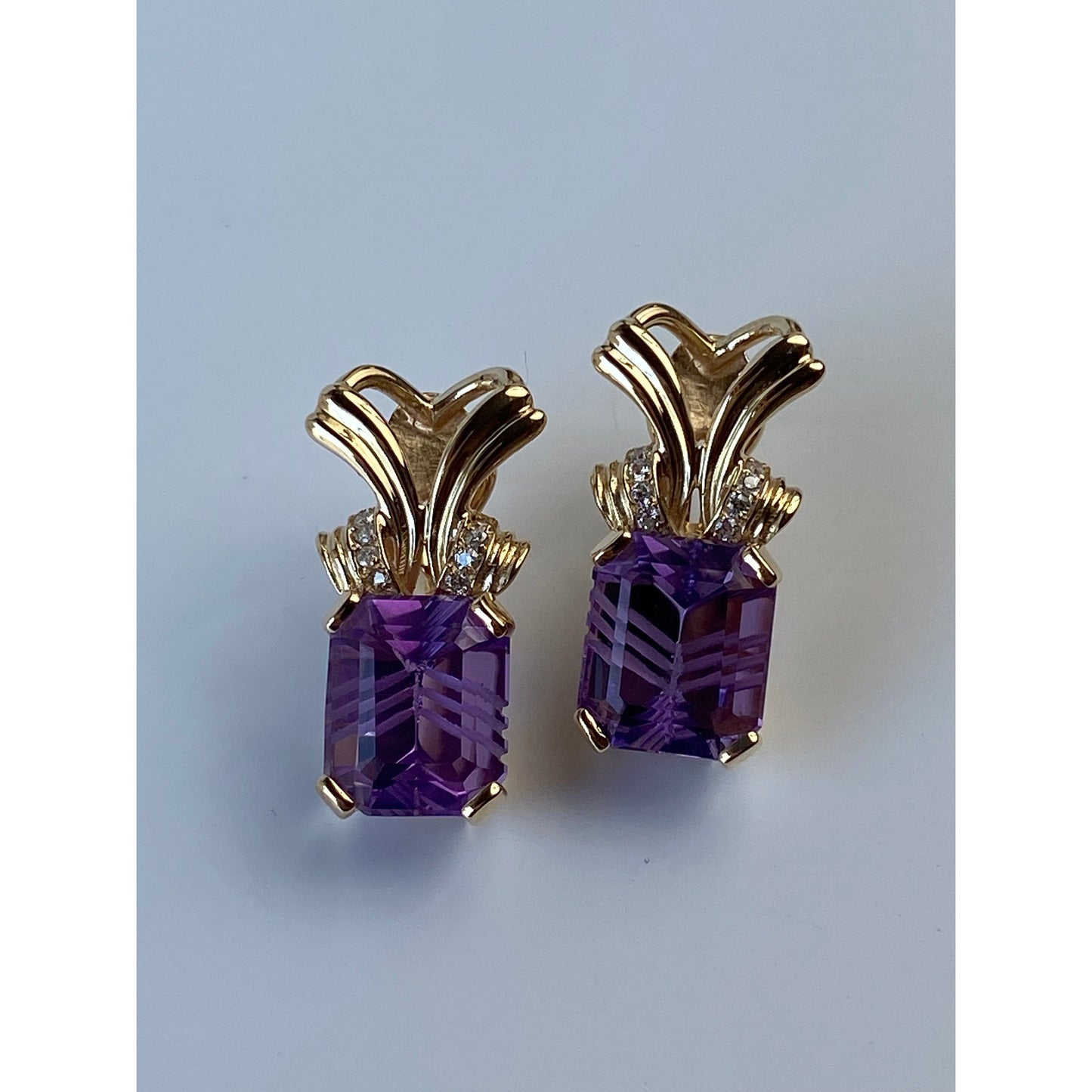 Solid 14k Yellow Gold Amethyst Clear Sapphire Drop Stud Earrings