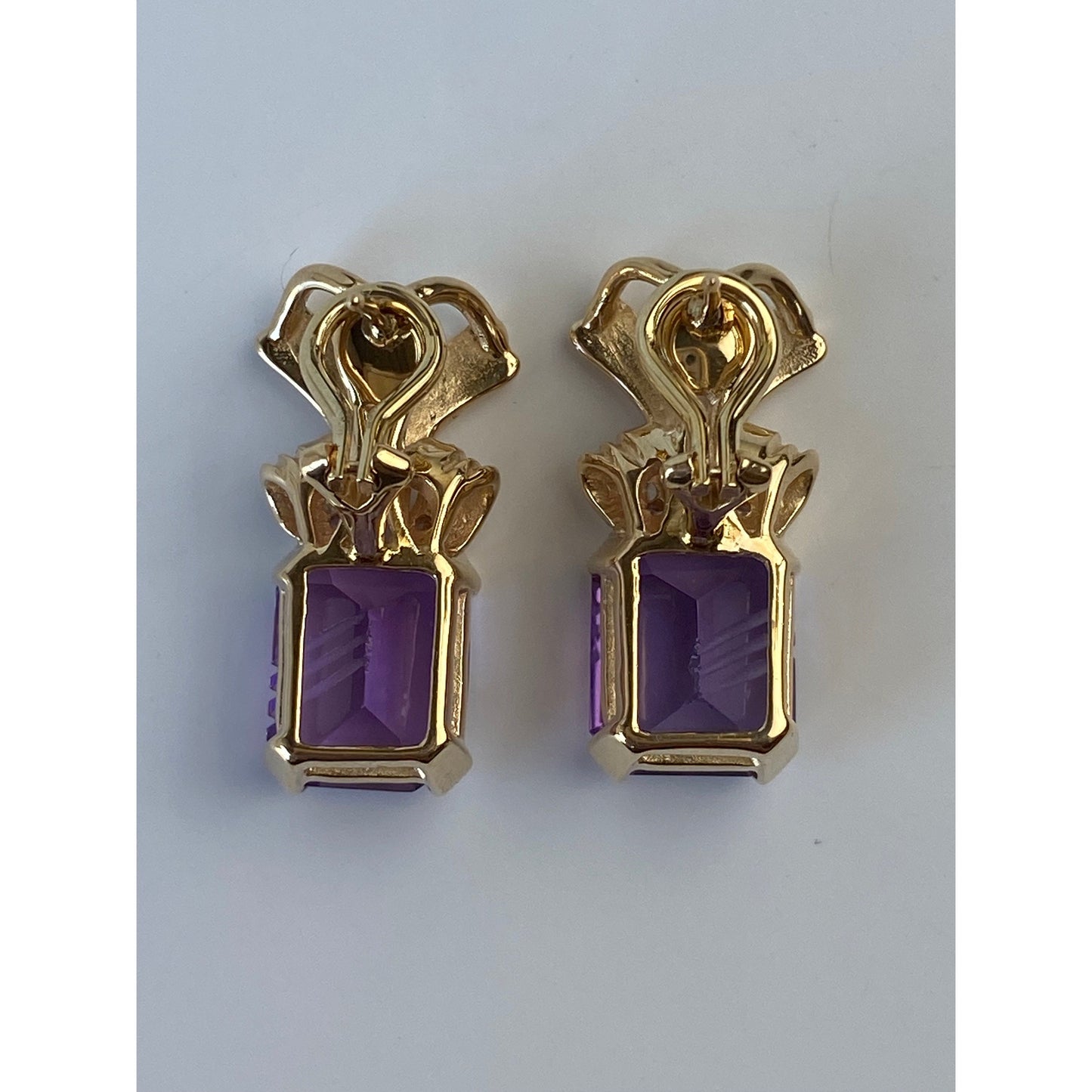 Solid 14k Yellow Gold Amethyst Clear Sapphire Drop Stud Earrings