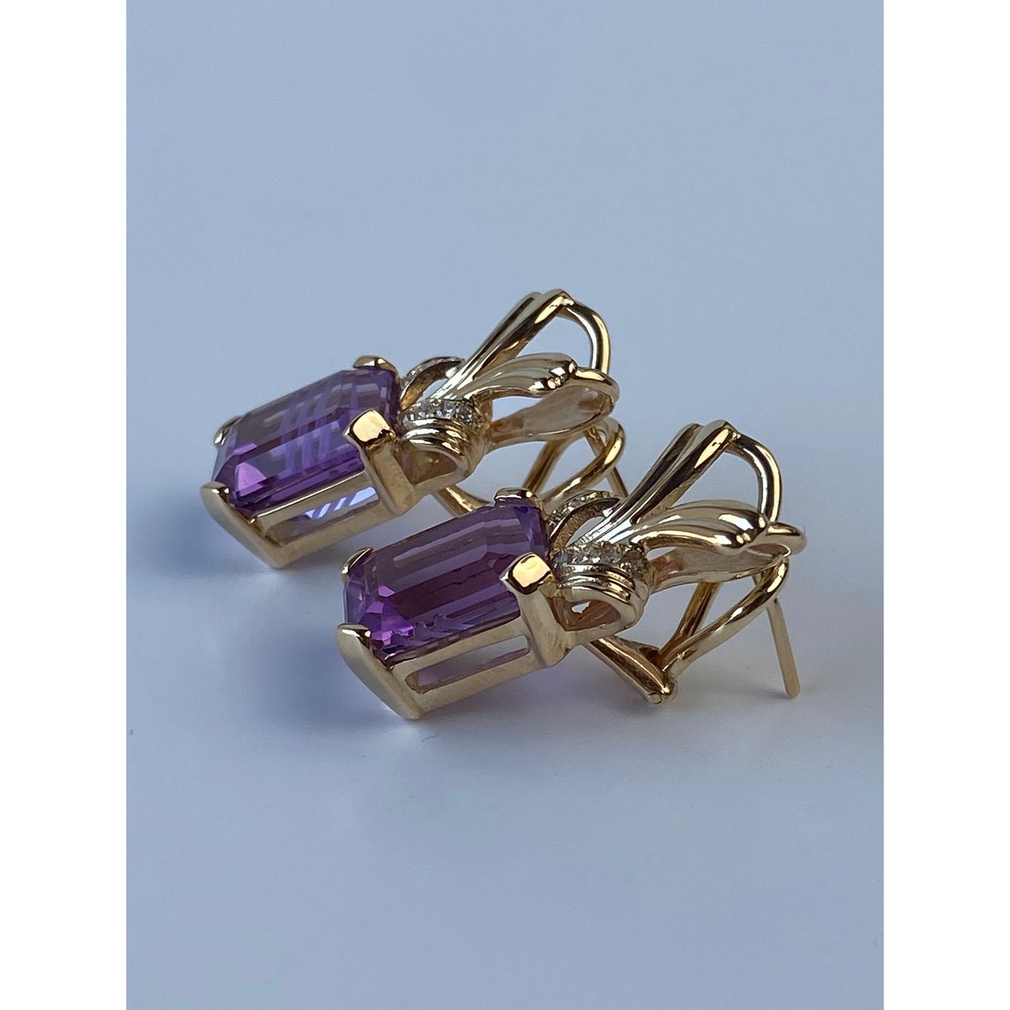 Solid 14k Yellow Gold Amethyst Clear Sapphire Drop Stud Earrings
