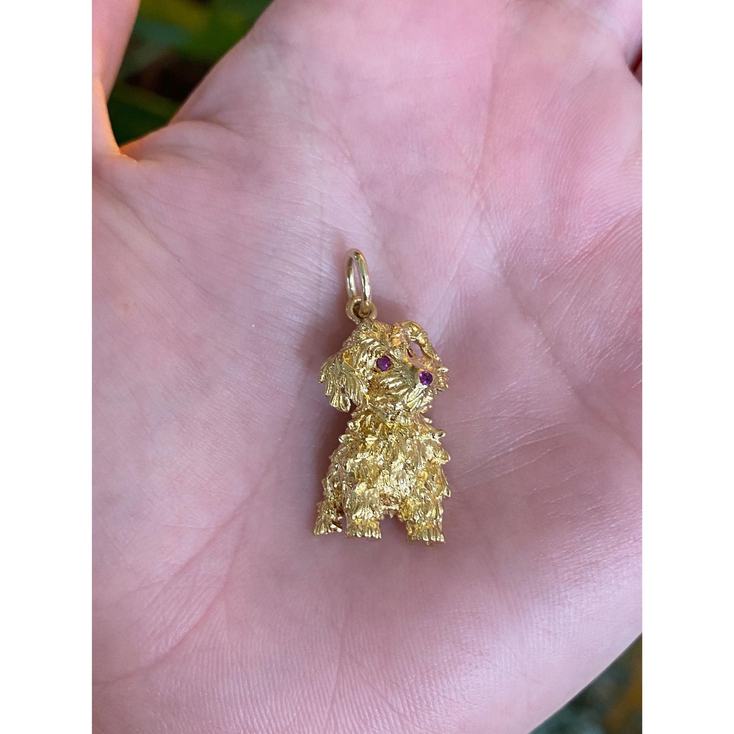 Vintage Solid 18k Yellow Gold Pink Sapphire Dog Charm