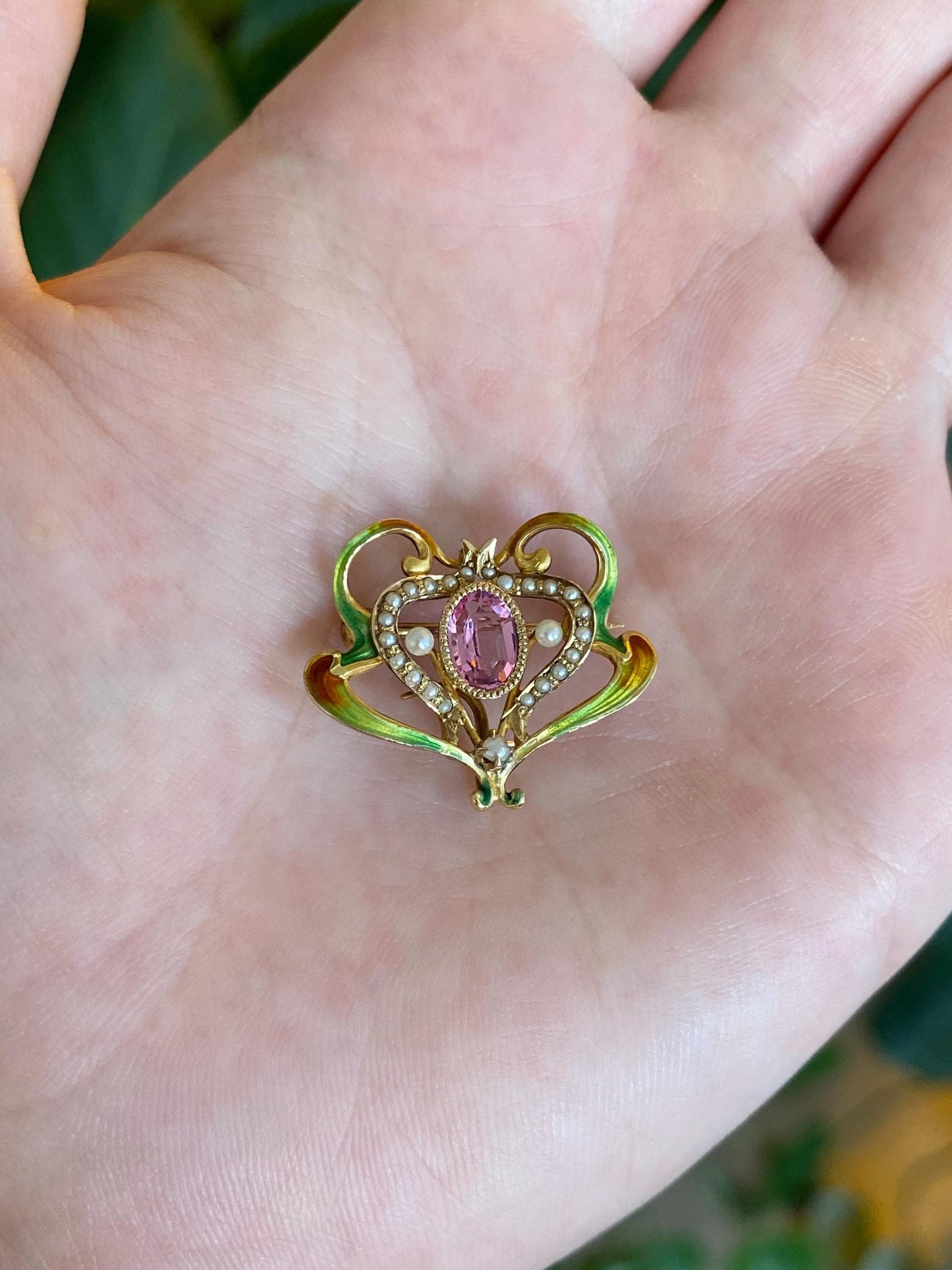 Vintage Solid 18k Yellow Gold Enamel Pink Tourmaline Seed Pearls Brooch Pin