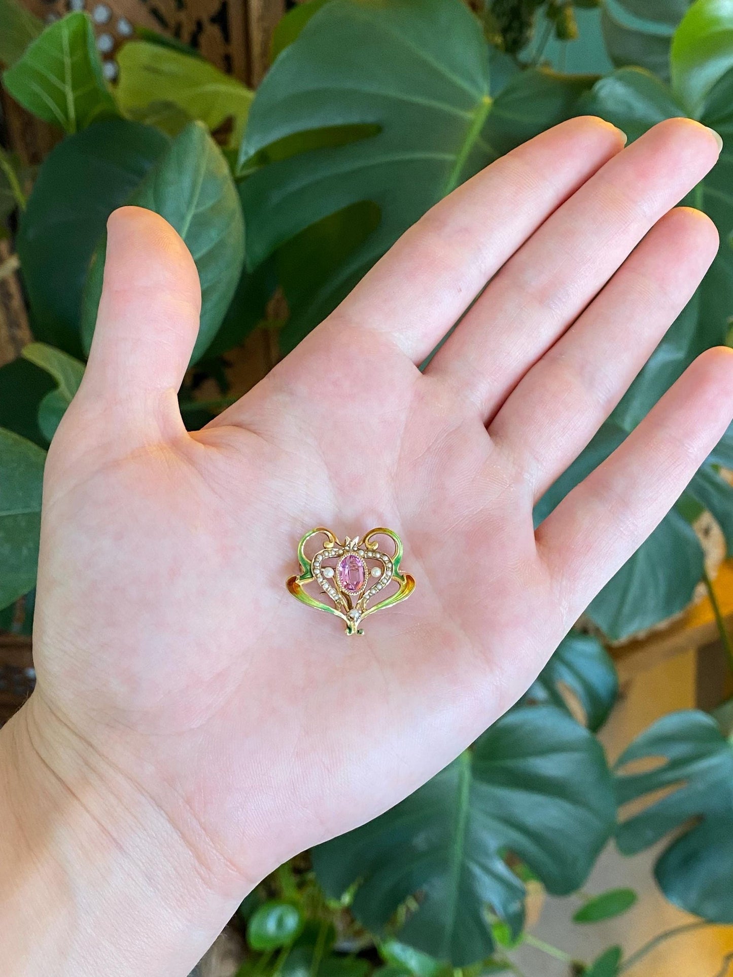 Vintage Solid 18k Yellow Gold Enamel Pink Tourmaline Seed Pearls Brooch Pin