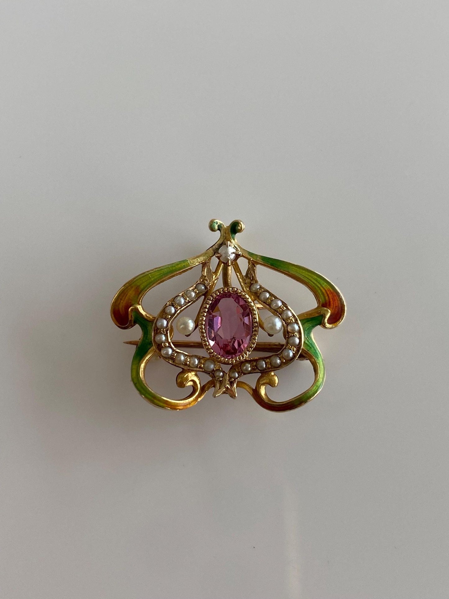 Vintage Solid 18k Yellow Gold Enamel Pink Tourmaline Seed Pearls Brooch Pin