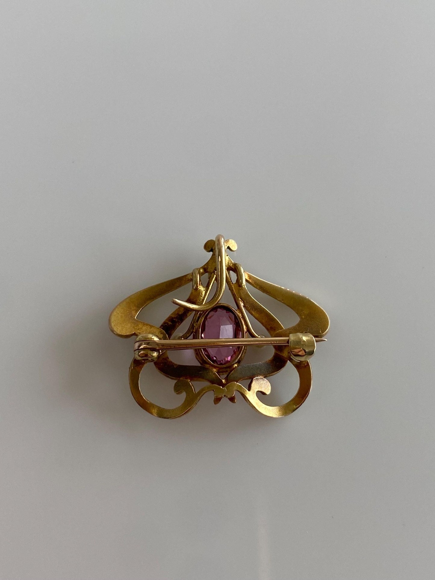 Vintage Solid 18k Yellow Gold Enamel Pink Tourmaline Seed Pearls Brooch Pin