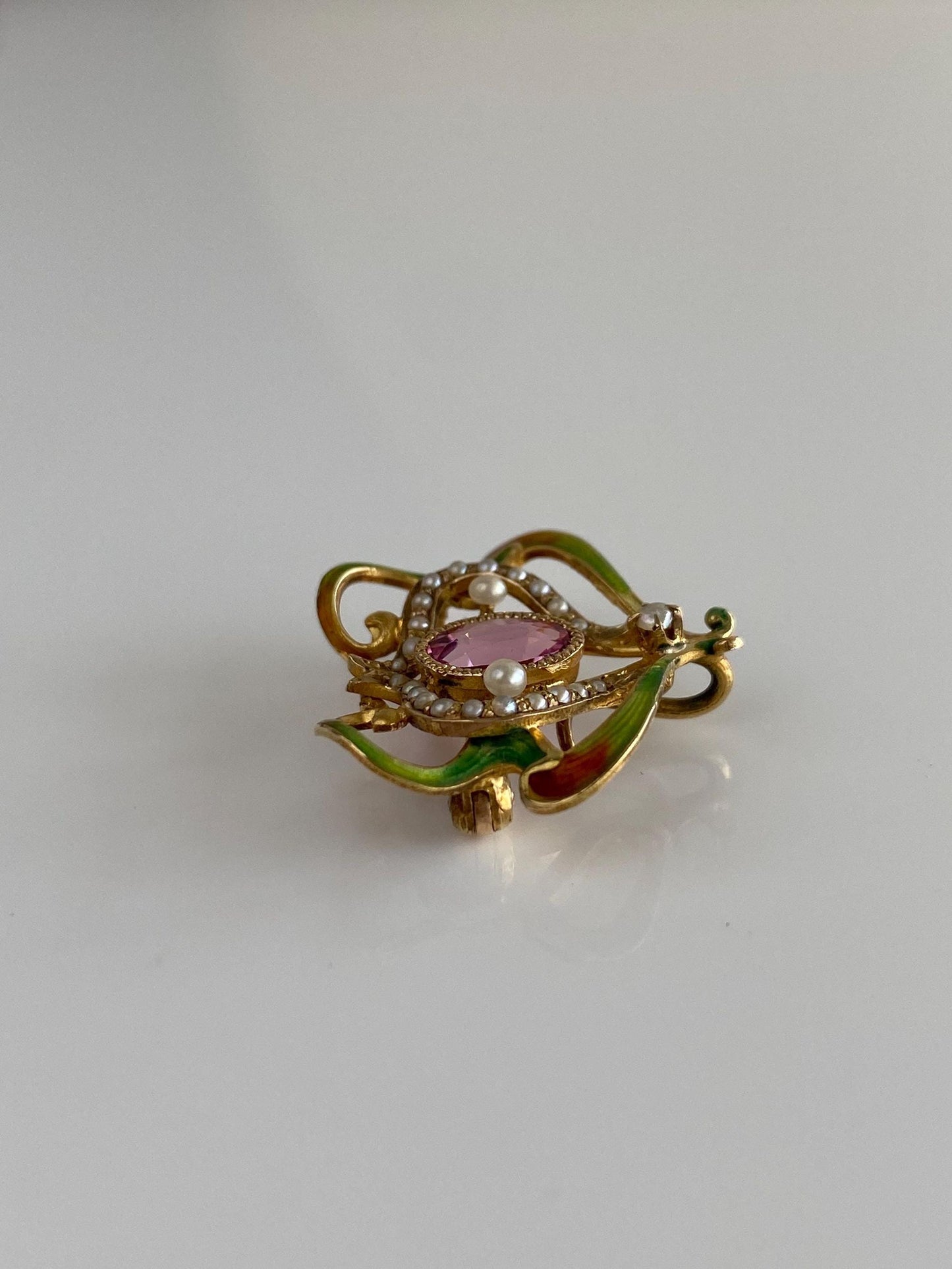 Vintage Solid 18k Yellow Gold Enamel Pink Tourmaline Seed Pearls Brooch Pin