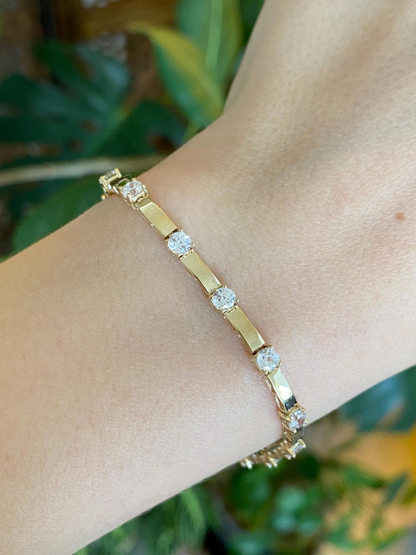 Vintage Solid 14k Yellow Gold Clear Cubic Zirconia Link Bracelet - 7 inches