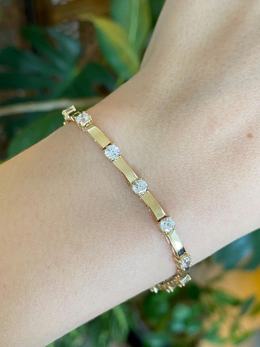 Vintage Solid 14k Yellow Gold Clear Cubic Zirconia Link Bracelet - 7 inches