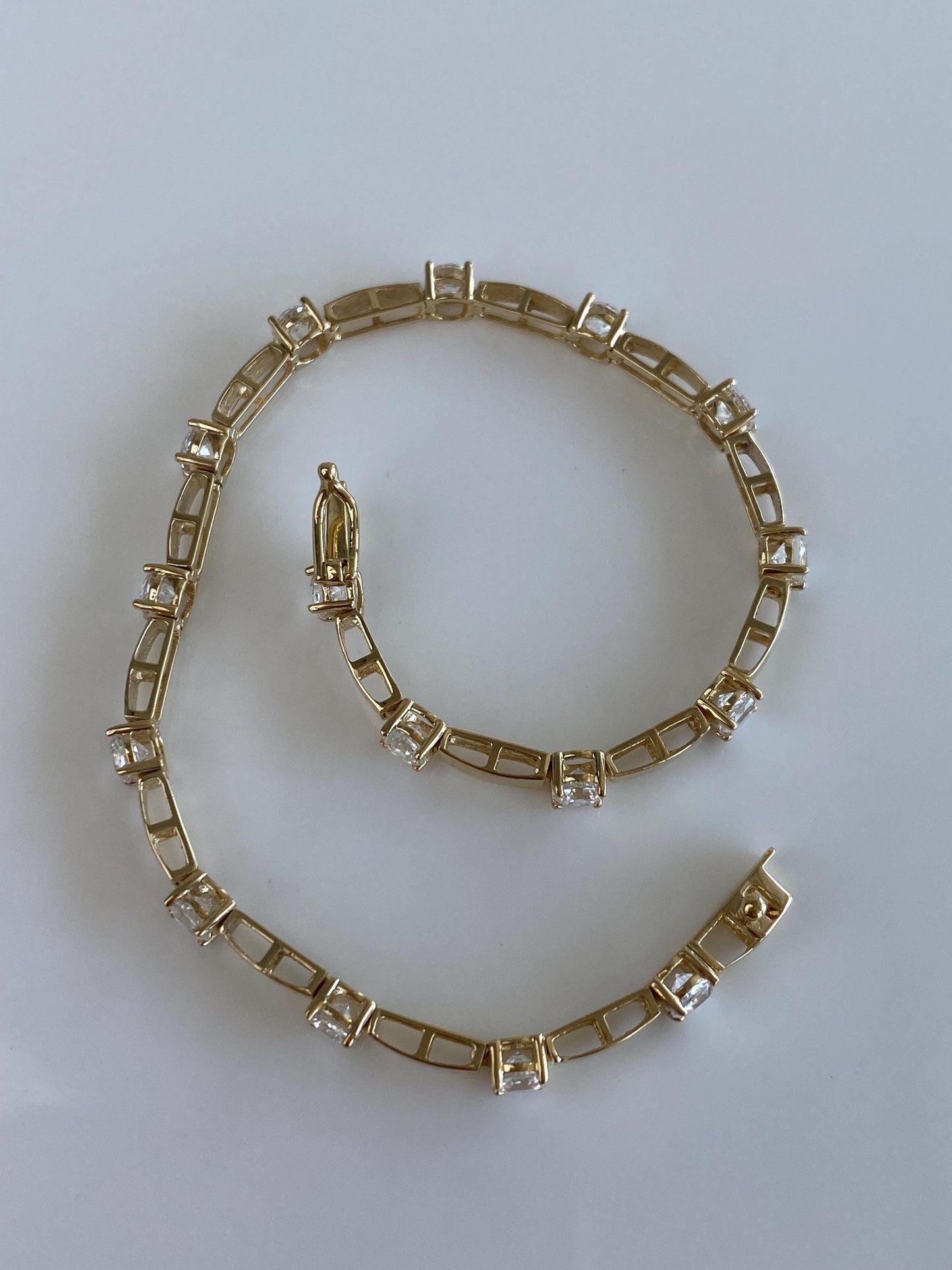 Vintage Solid 14k Yellow Gold Clear Cubic Zirconia Link Bracelet - 7 inches