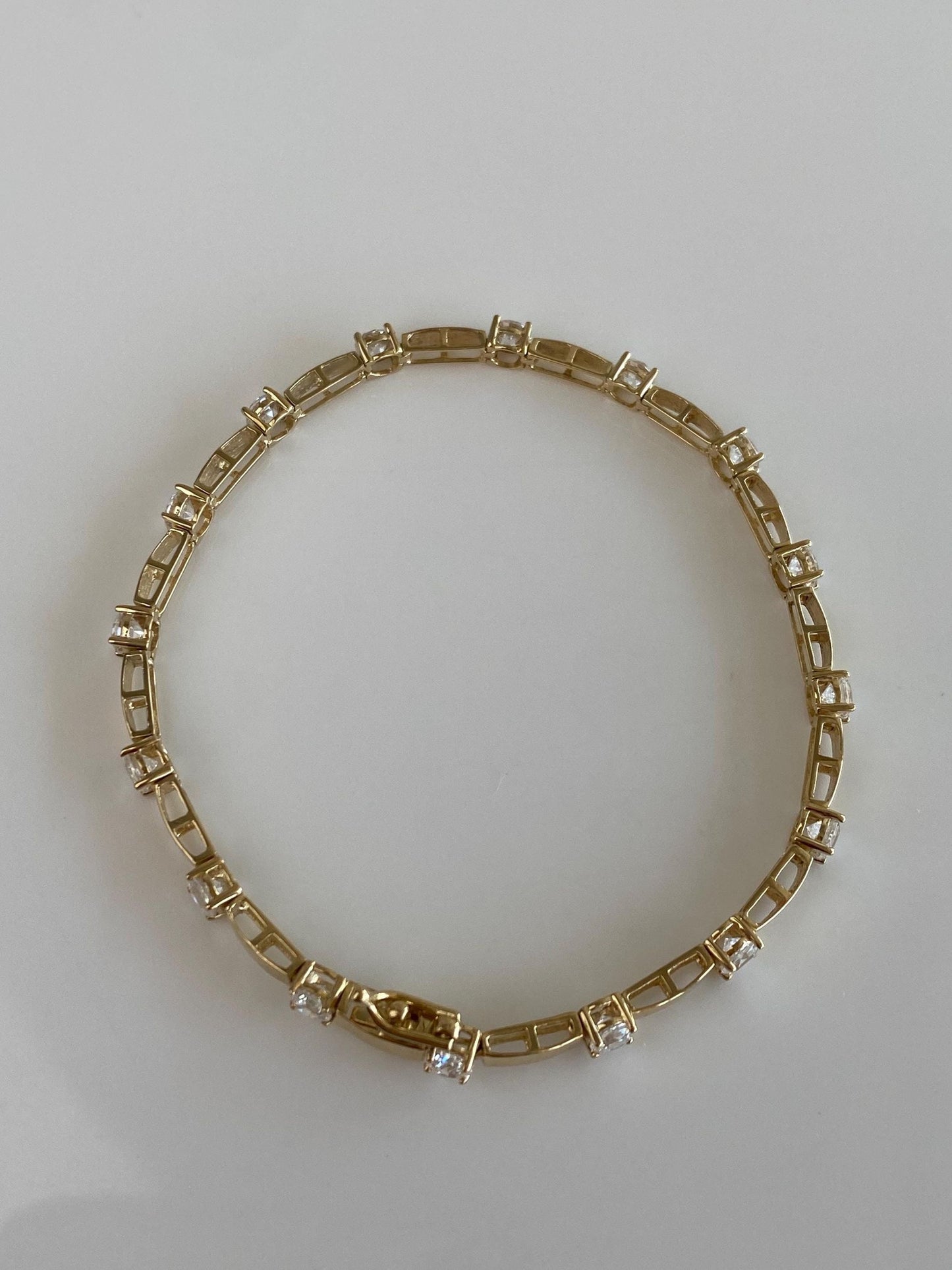 Vintage Solid 14k Yellow Gold Clear Cubic Zirconia Link Bracelet - 7 inches