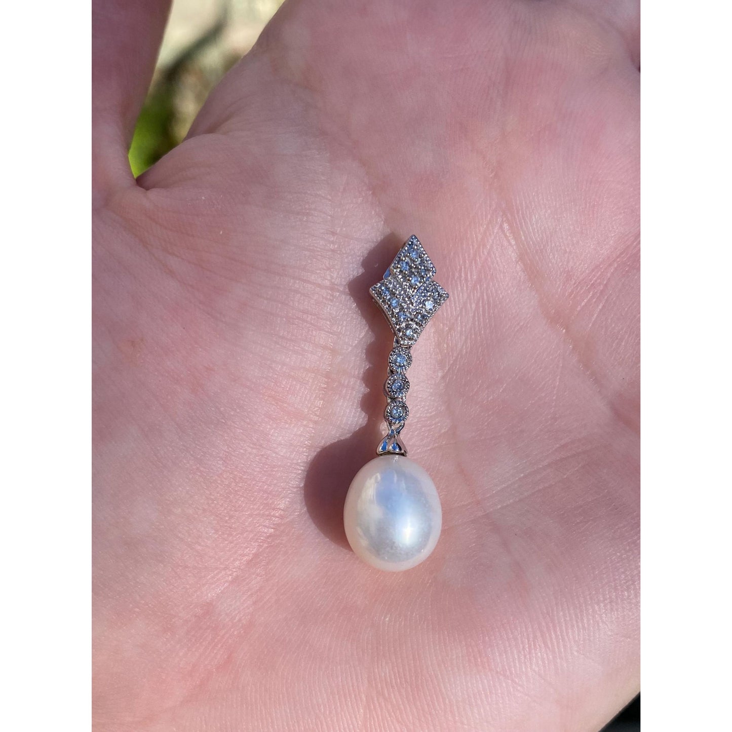 Solid 10k White Gold Diamond Pearl Charm