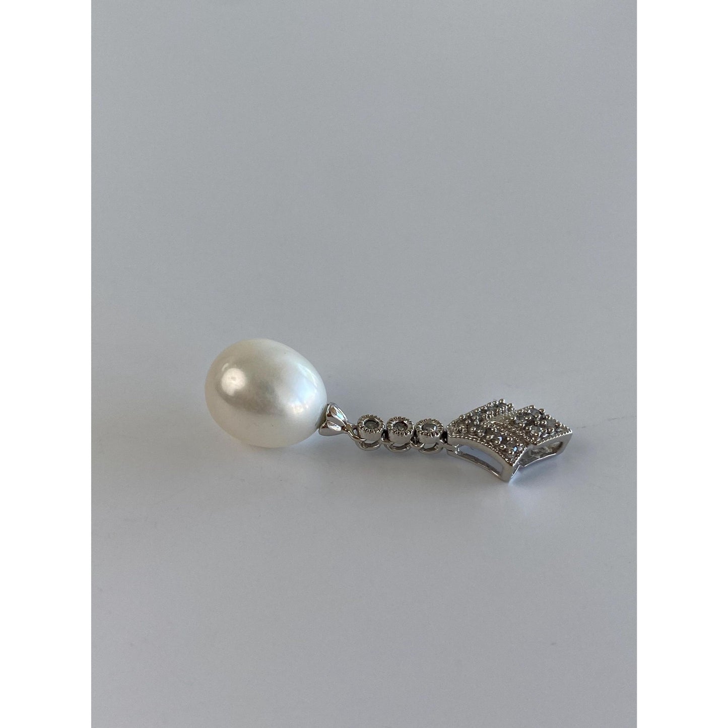 Solid 10k White Gold Diamond Pearl Charm