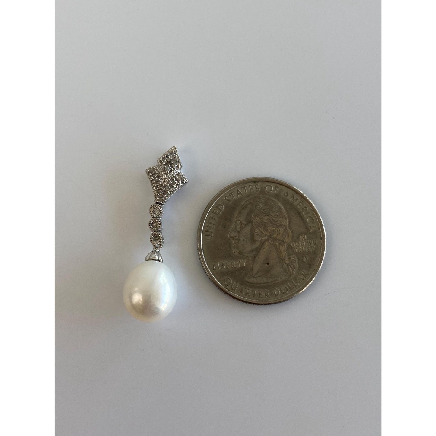 Solid 10k White Gold Diamond Pearl Charm