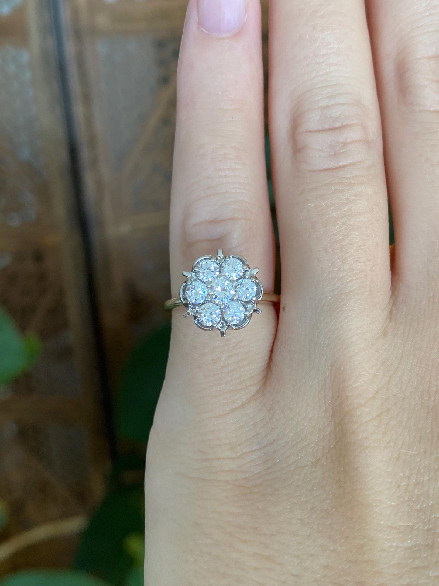Vintage Solid 14k White & Yellow Gold Cubic Zirconia Cluster Ring - Size 4.25