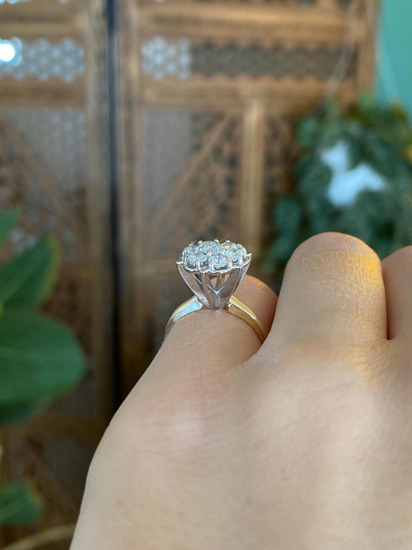 Vintage Solid 14k White & Yellow Gold Cubic Zirconia Cluster Ring - Size 4.25