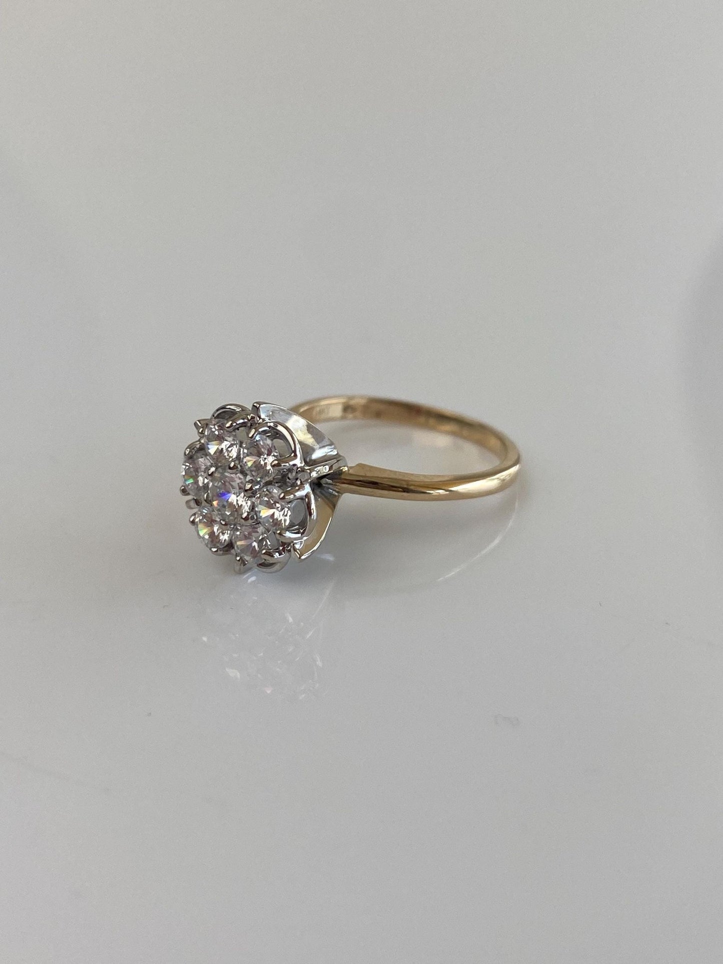 Vintage Solid 14k White & Yellow Gold Cubic Zirconia Cluster Ring - Size 4.25
