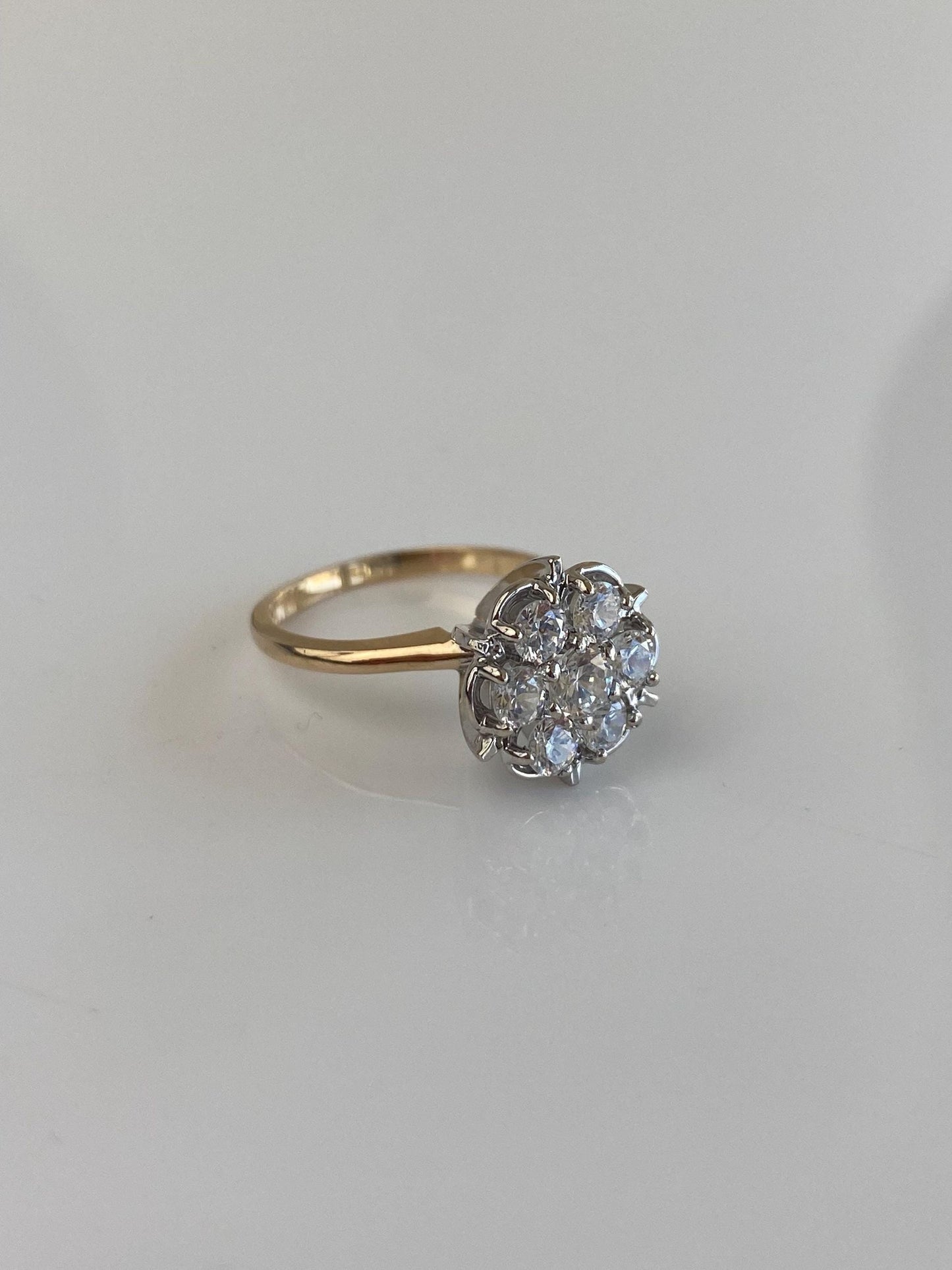 Vintage Solid 14k White & Yellow Gold Cubic Zirconia Cluster Ring - Size 4.25