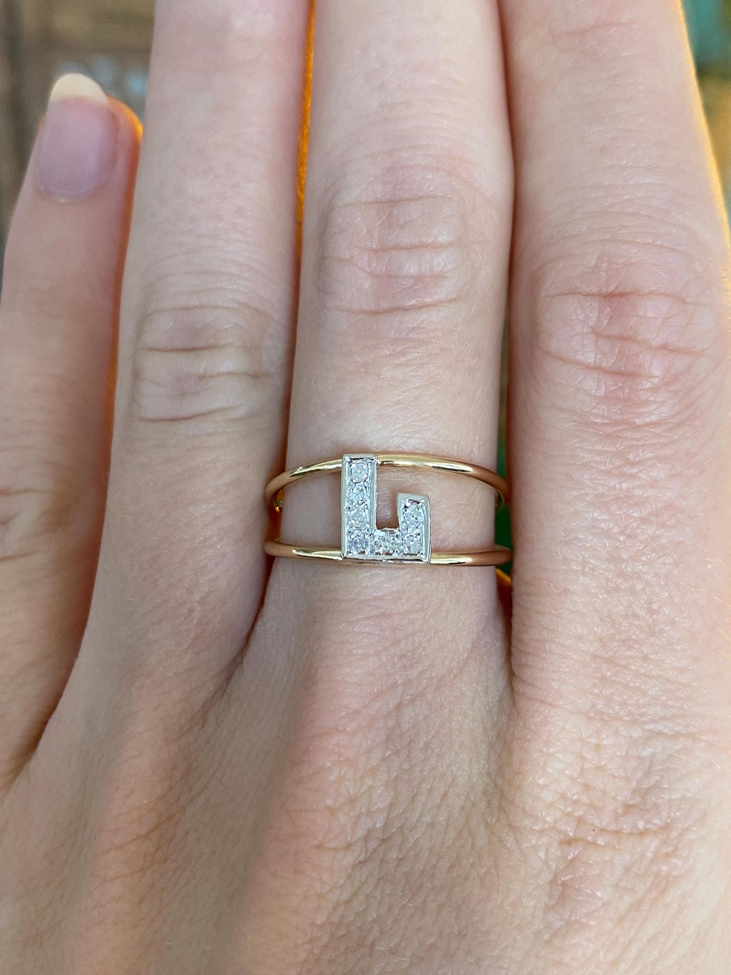 Vintage Solid 14k White & Yellow Gold Diamond Initial 'L' Double Ring Band - Size 7.75