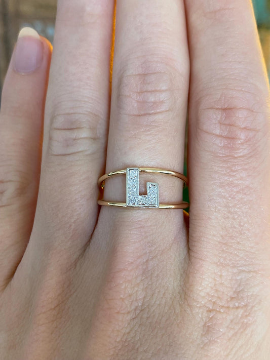 Vintage Solid 14k White & Yellow Gold Diamond Initial 'L' Double Ring Band - Size 7.75