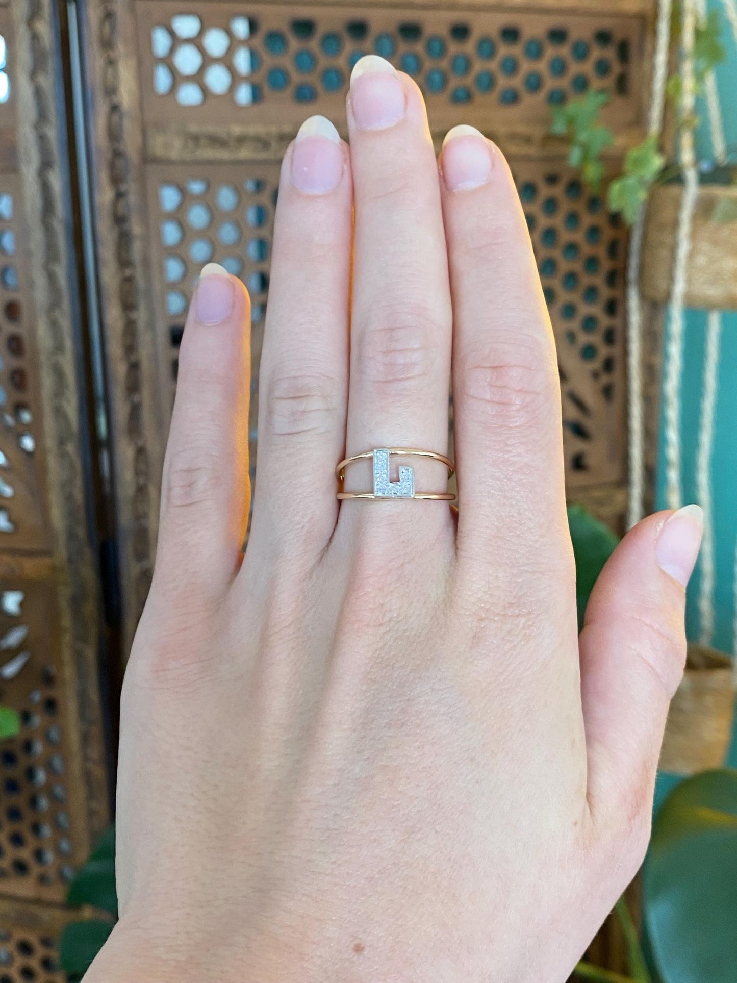 Vintage Solid 14k White & Yellow Gold Diamond Initial 'L' Double Ring Band - Size 7.75