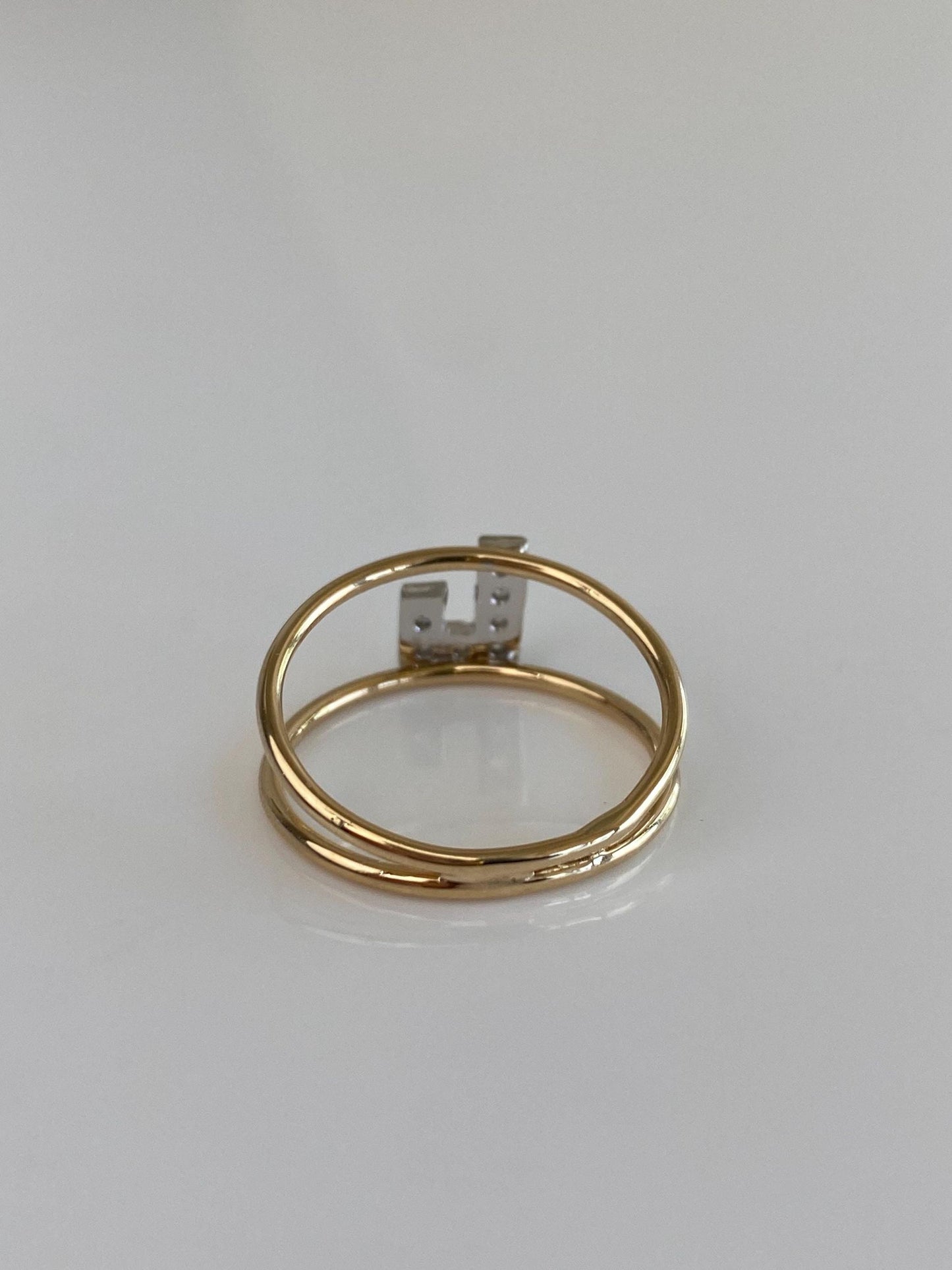 Vintage Solid 14k White & Yellow Gold Diamond Initial 'L' Double Ring Band - Size 7.75
