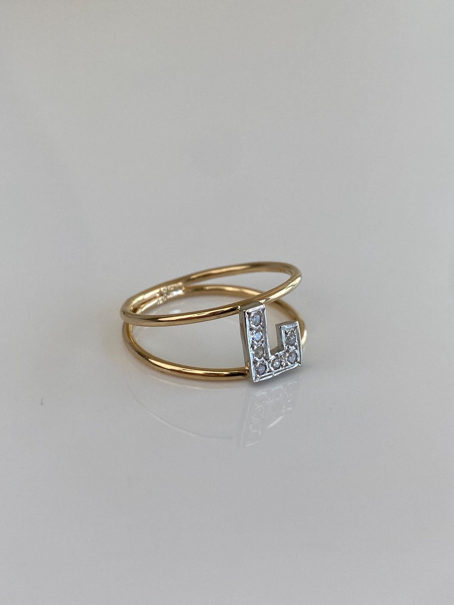 Vintage Solid 14k White & Yellow Gold Diamond Initial 'L' Double Ring Band - Size 7.75