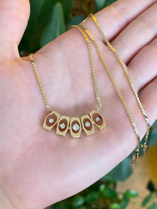 Vintage Solid 14k Yellow Gold Diamonds Serpentine Chain Necklace - 16 inches