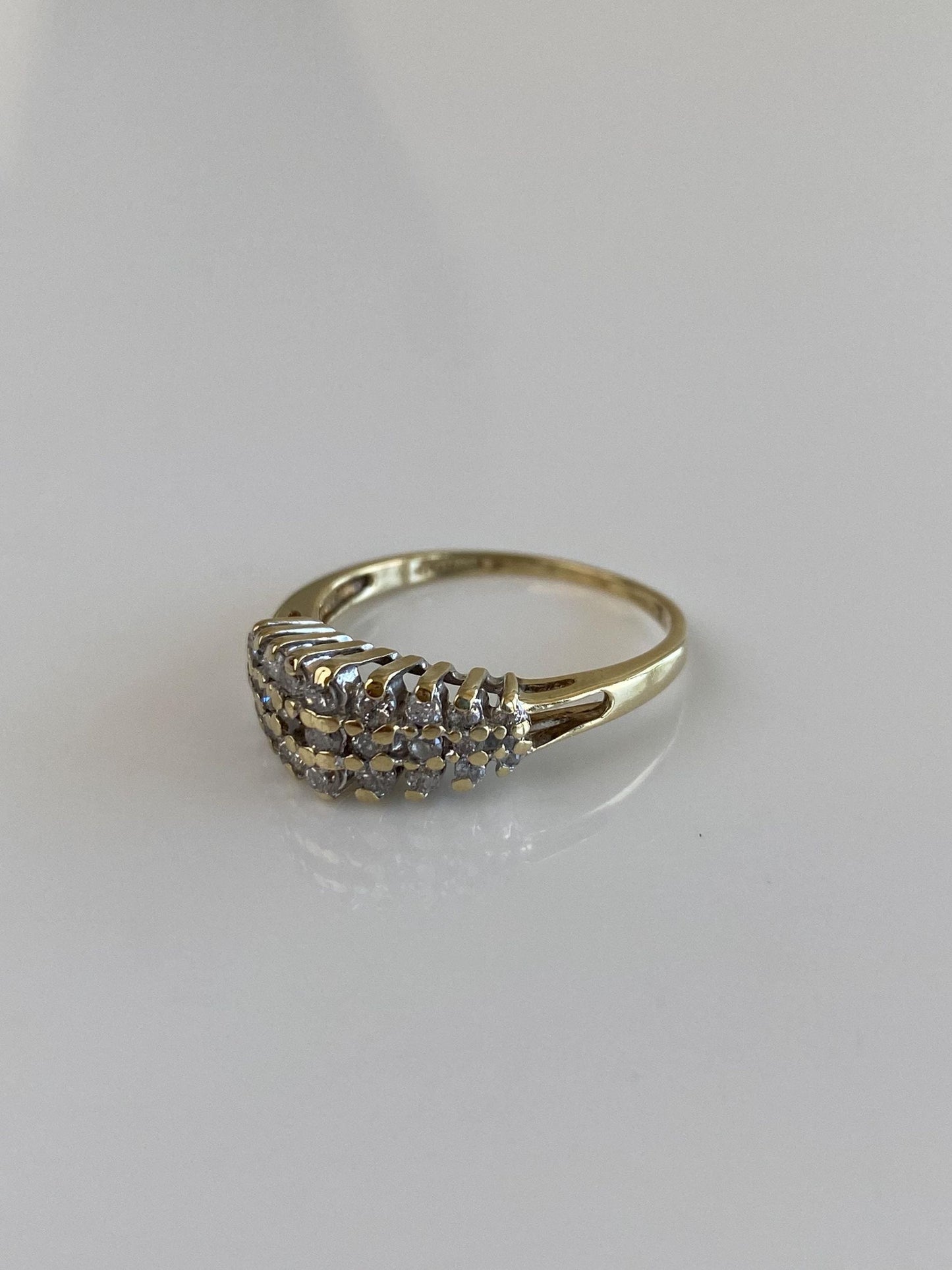 Vintage Solid 10k Yellow Gold Diamond Rows Ring - Size 7.75