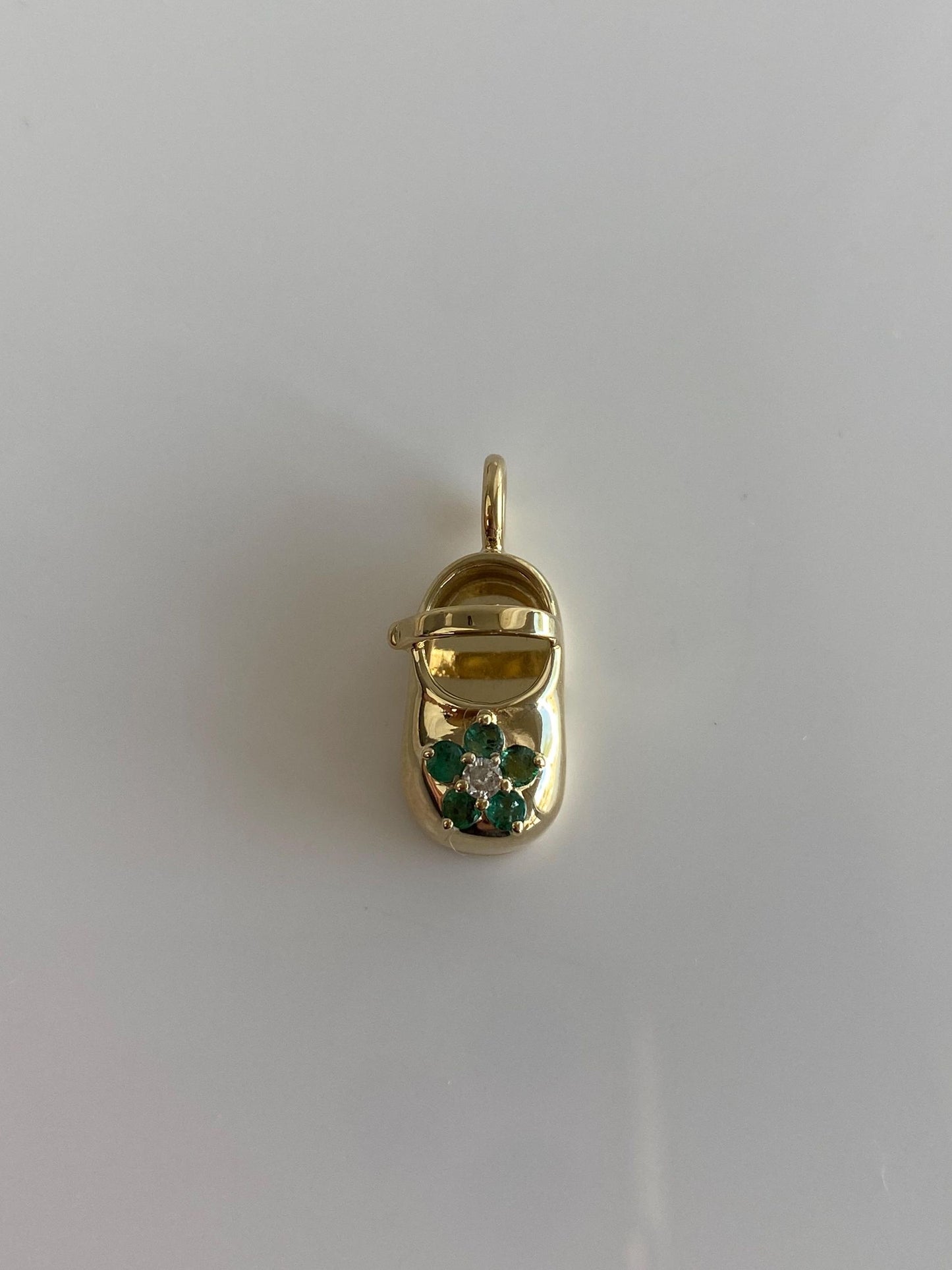 Vintage Solid 14k Yellow Gold Diamond Emerald Maryjane Baby Shoe Charm
