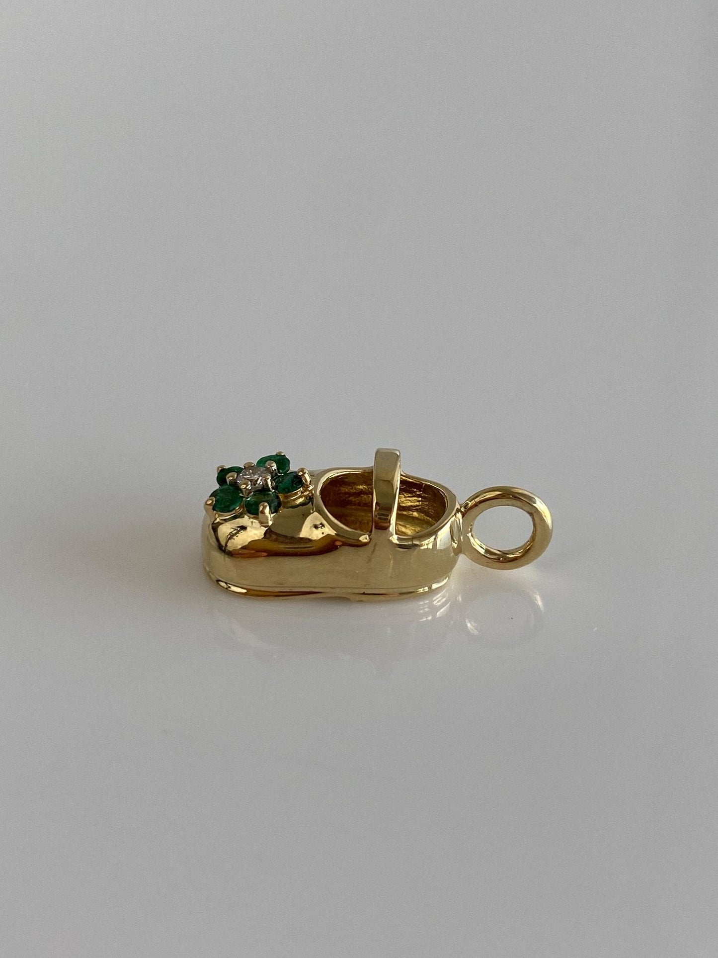 Vintage Solid 14k Yellow Gold Diamond Emerald Maryjane Baby Shoe Charm