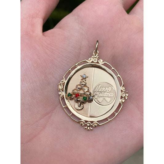 Vintage Solid 14k Yellow Gold Clear Spinel Seed Pearl Colored Stone 'Merry Christmas' Charm