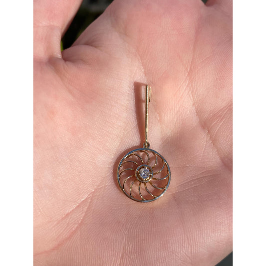 Vintage Solid 14k Yellow Gold Diamond Spiral Drop Circle Charm