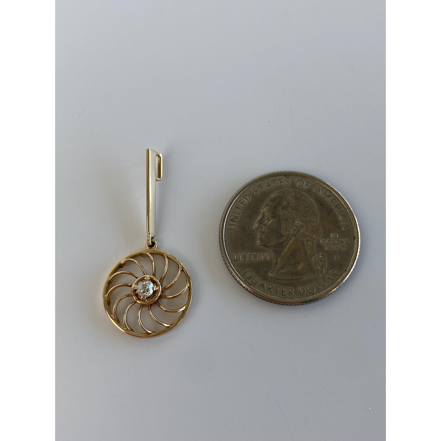 Vintage Solid 14k Yellow Gold Diamond Spiral Drop Circle Charm