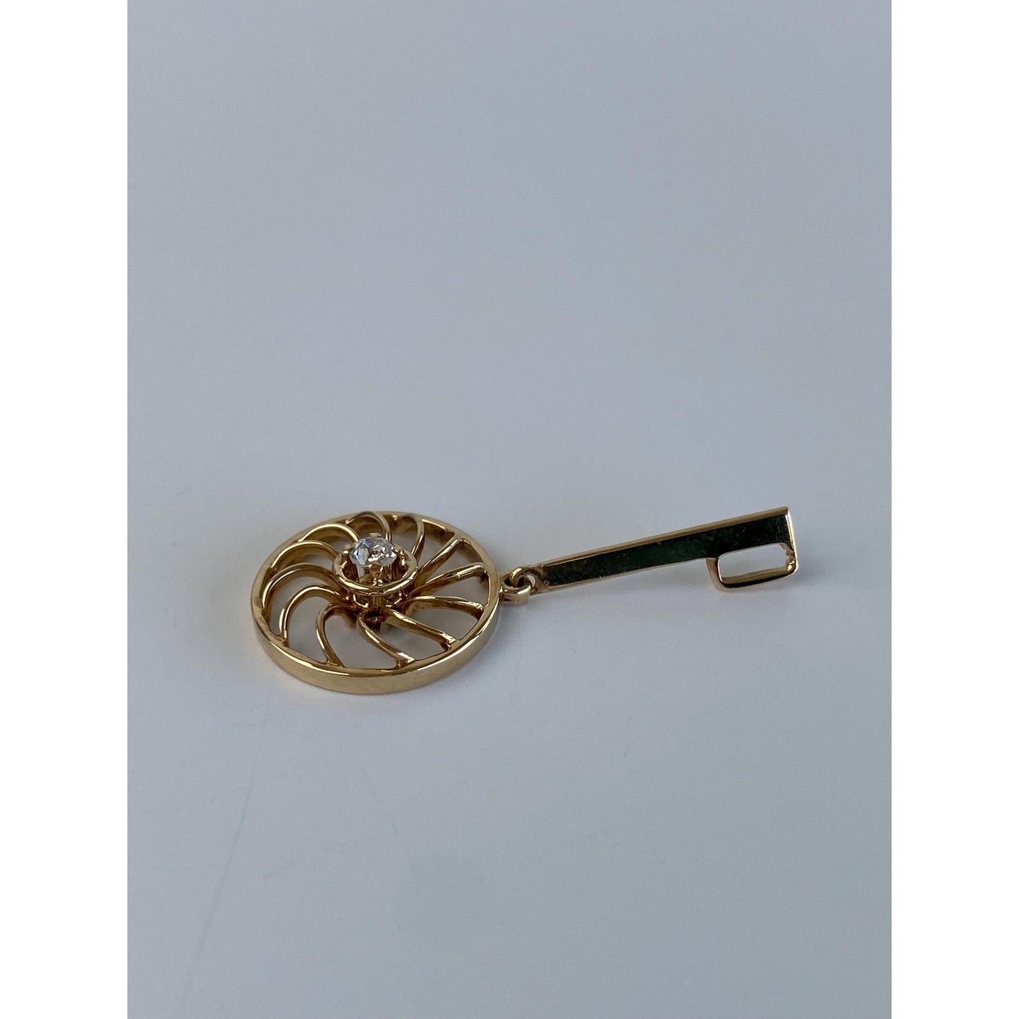Vintage Solid 14k Yellow Gold Diamond Spiral Drop Circle Charm