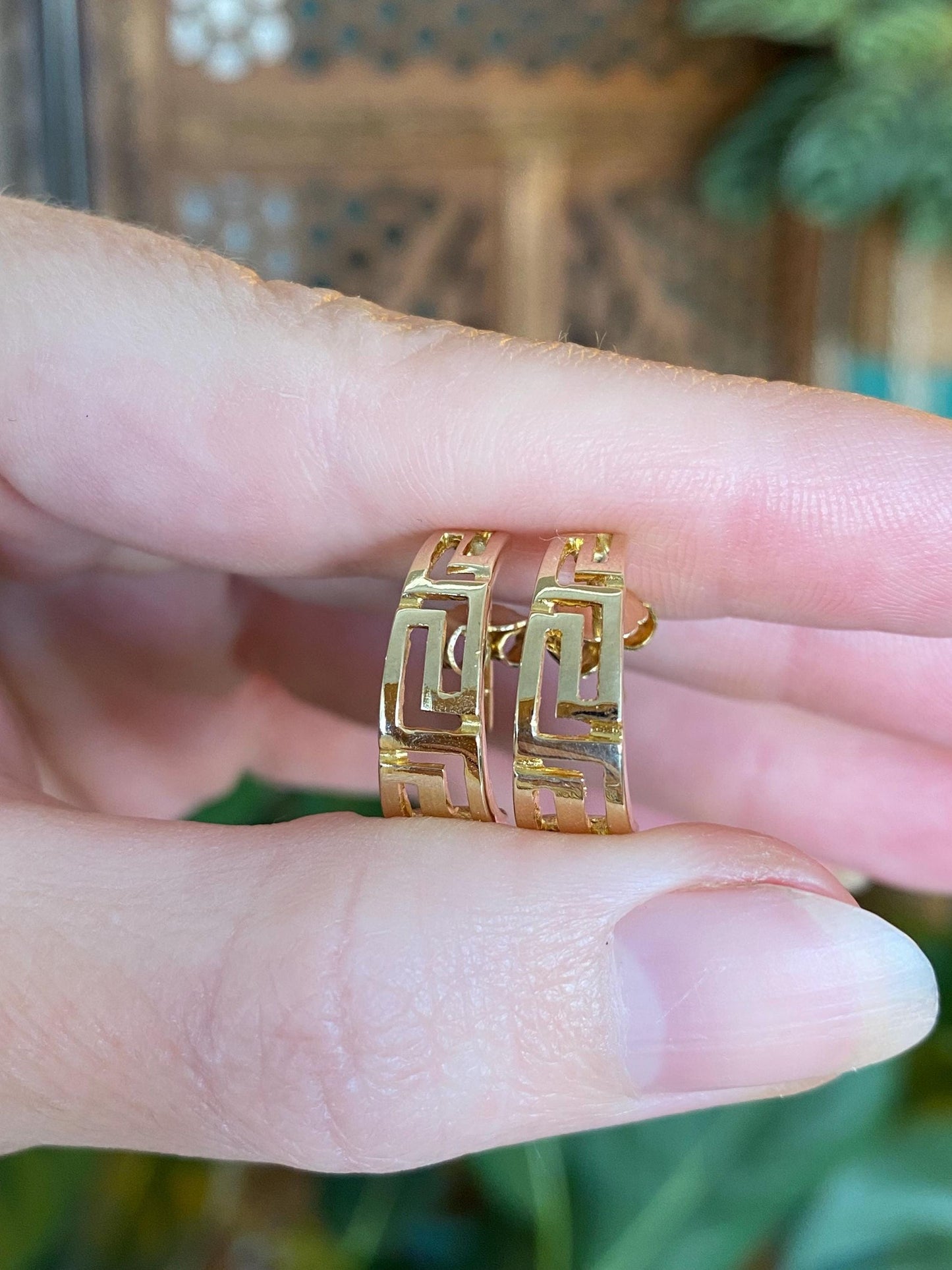 Vintage Solid 14k Yellow Gold Greek Key Half Hoop Earrings