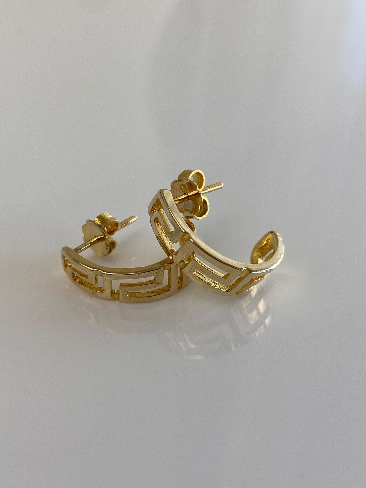 Vintage Solid 14k Yellow Gold Greek Key Half Hoop Earrings
