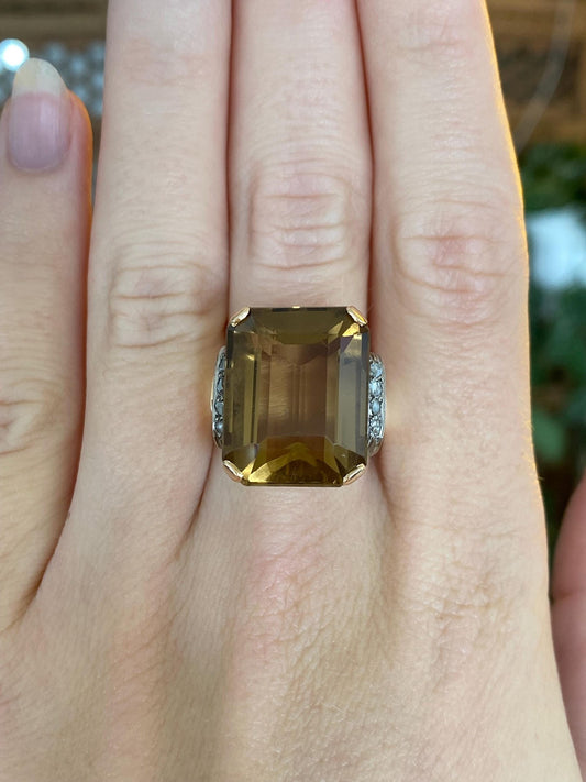 Vintage Solid 18k White & Yellow Gold Raw Diamond Brown Topaz Cocktail Ring - Size 10