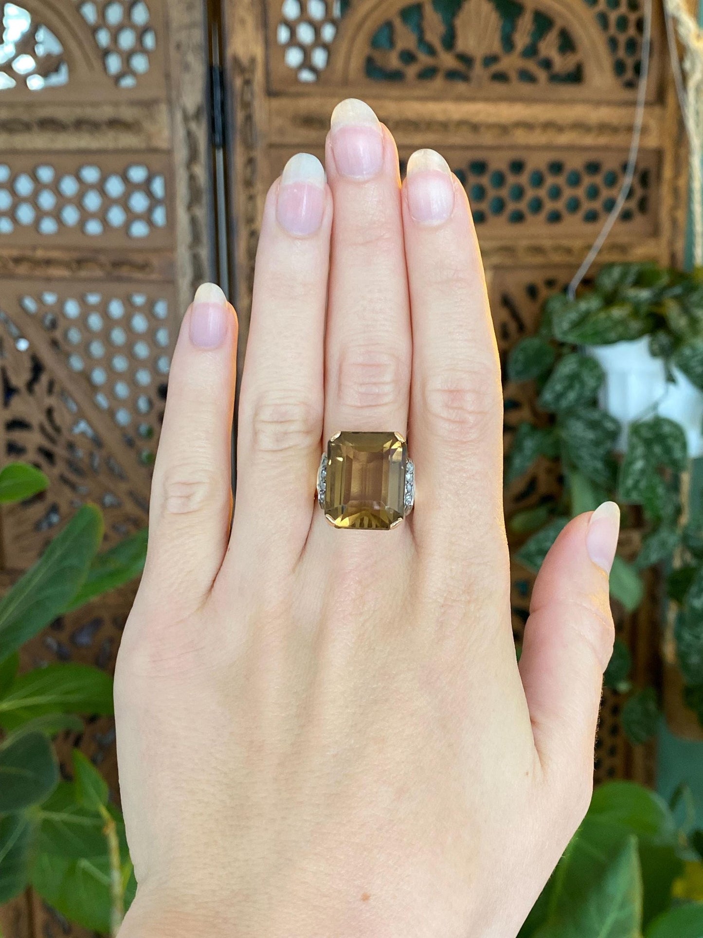 Vintage Solid 18k White & Yellow Gold Raw Diamond Brown Topaz Cocktail Ring - Size 10