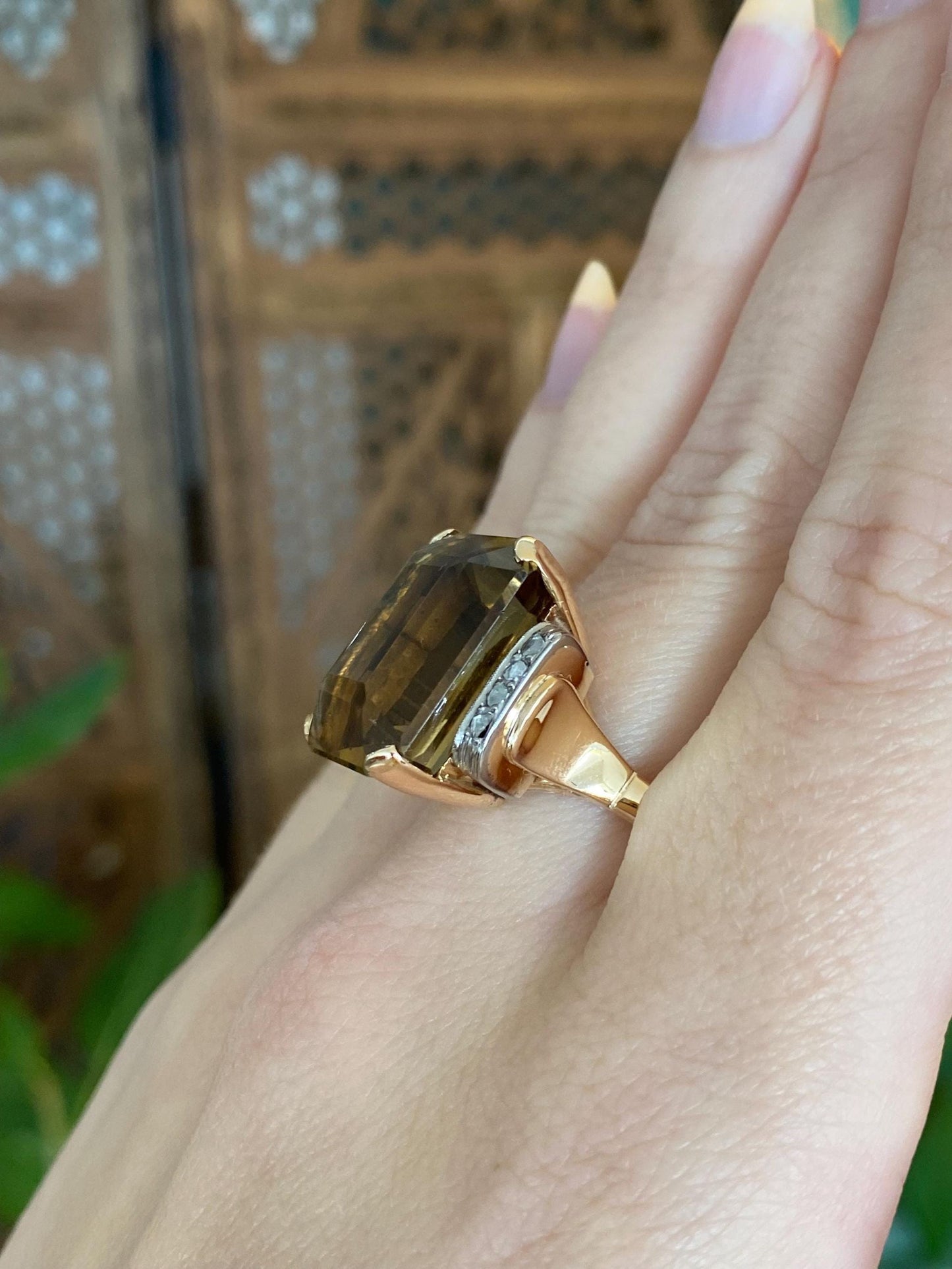 Vintage Solid 18k White & Yellow Gold Raw Diamond Brown Topaz Cocktail Ring - Size 10