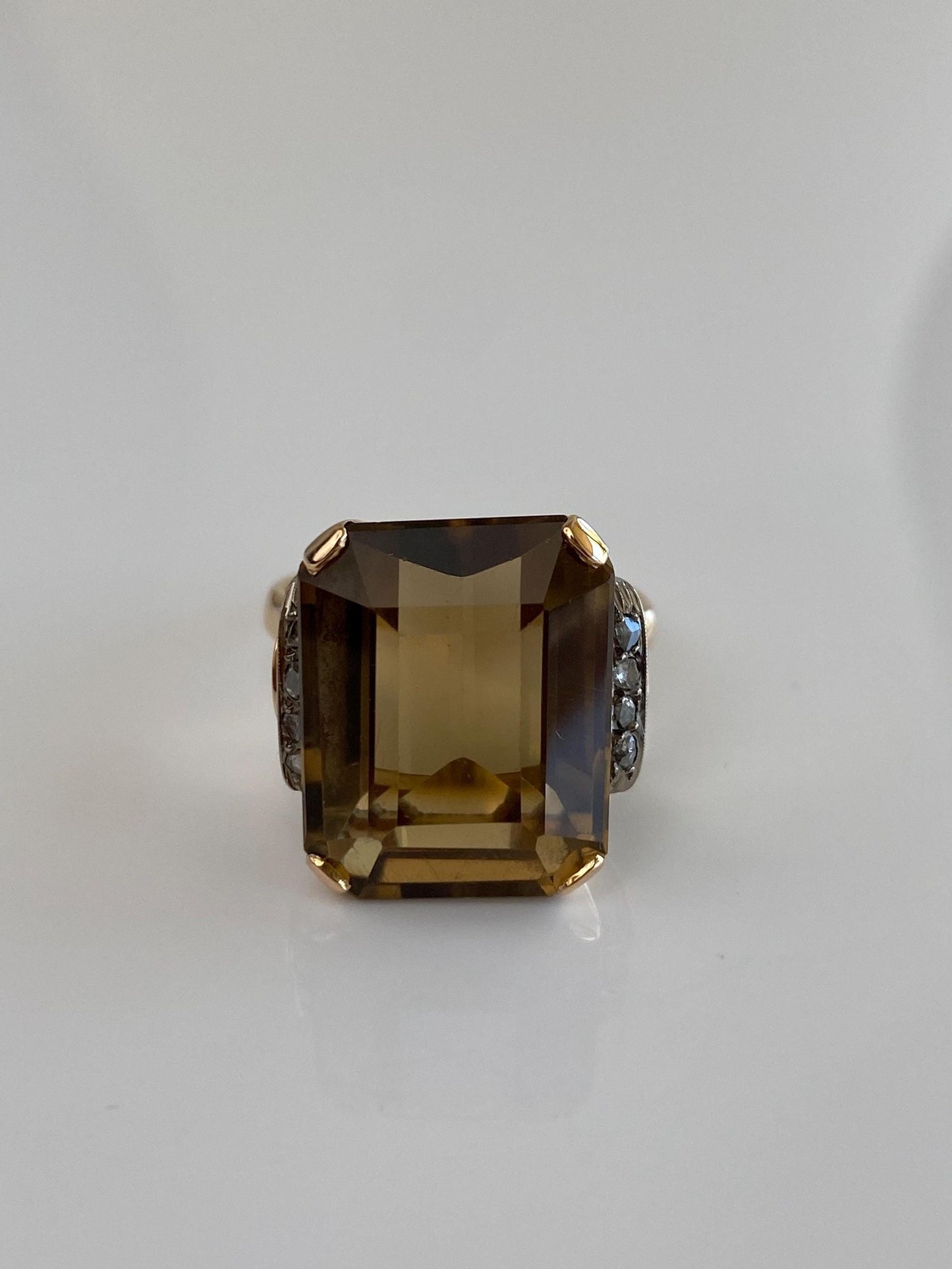 Vintage Solid 18k White & Yellow Gold Raw Diamond Brown Topaz Cocktail Ring - Size 10