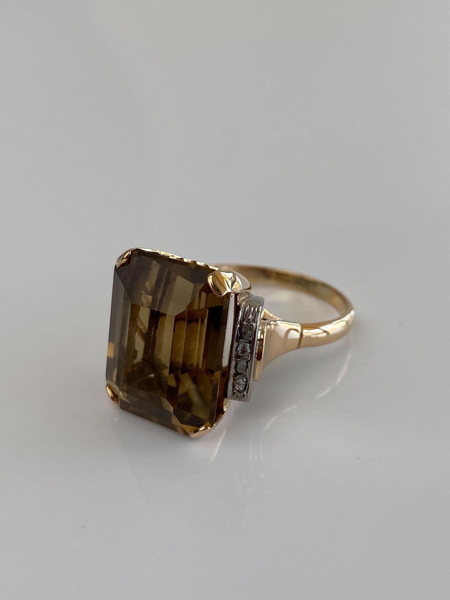 Vintage Solid 18k White & Yellow Gold Raw Diamond Brown Topaz Cocktail Ring - Size 10