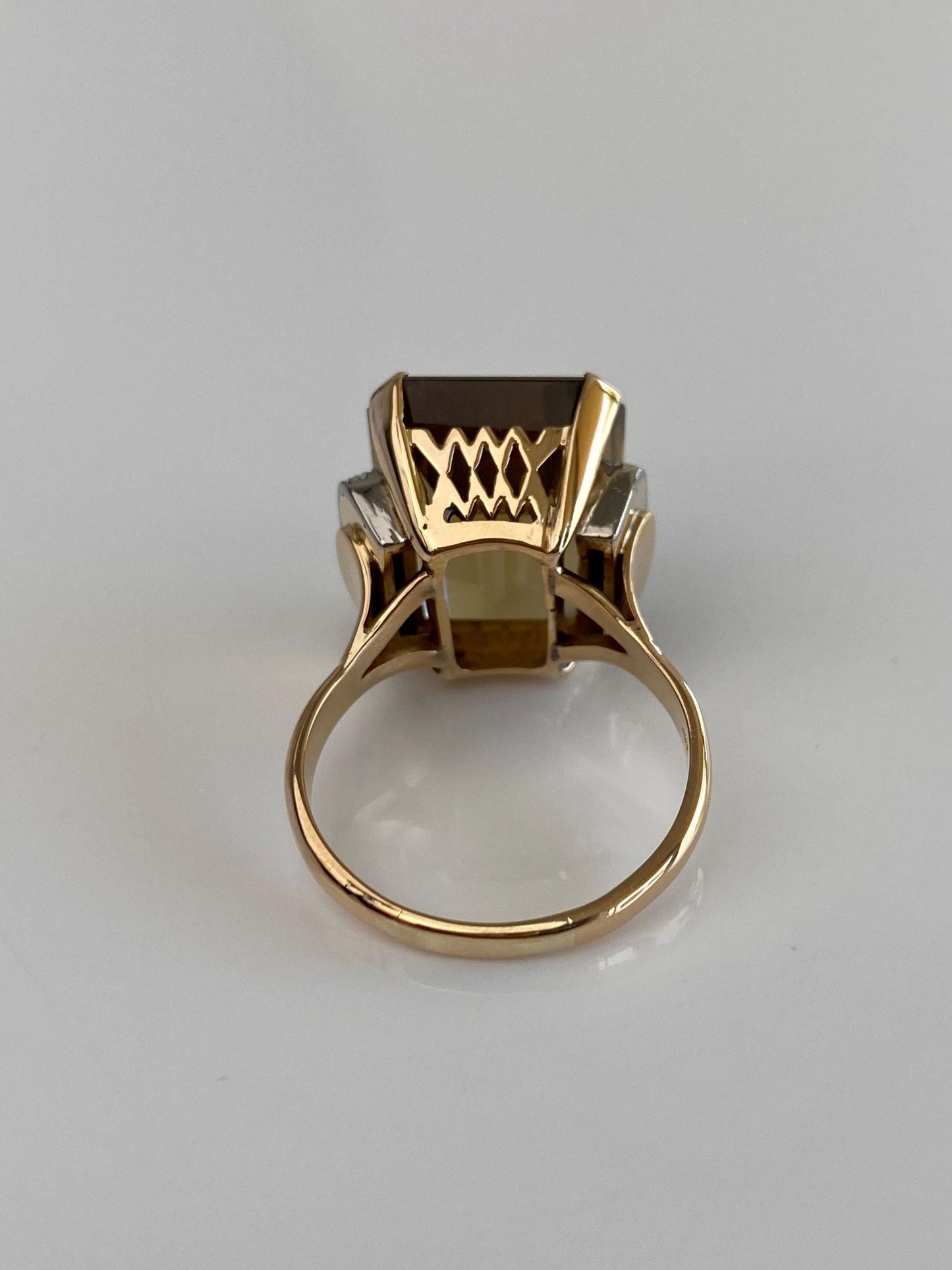 Vintage Solid 18k White & Yellow Gold Raw Diamond Brown Topaz Cocktail Ring - Size 10
