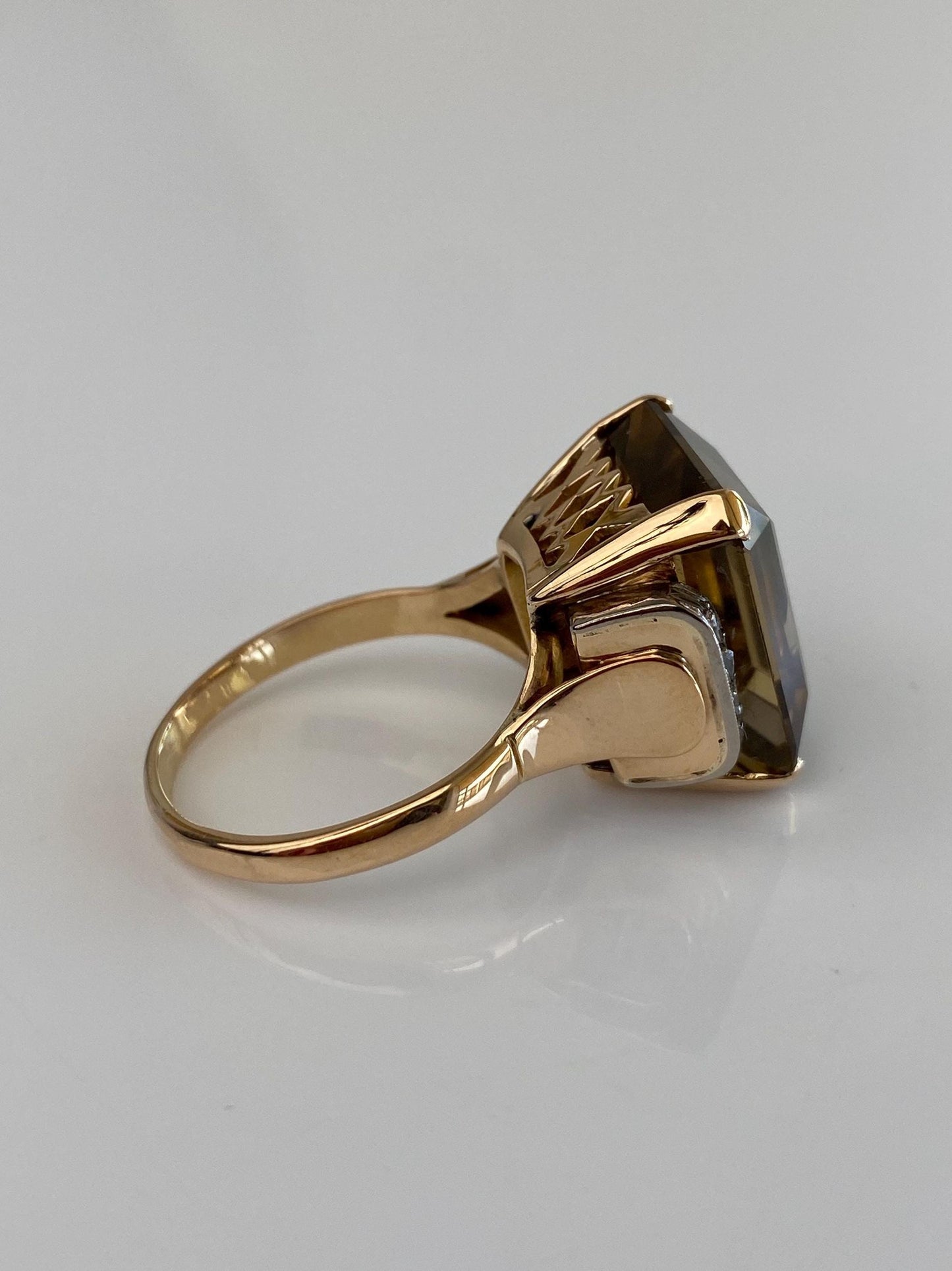 Vintage Solid 18k White & Yellow Gold Raw Diamond Brown Topaz Cocktail Ring - Size 10