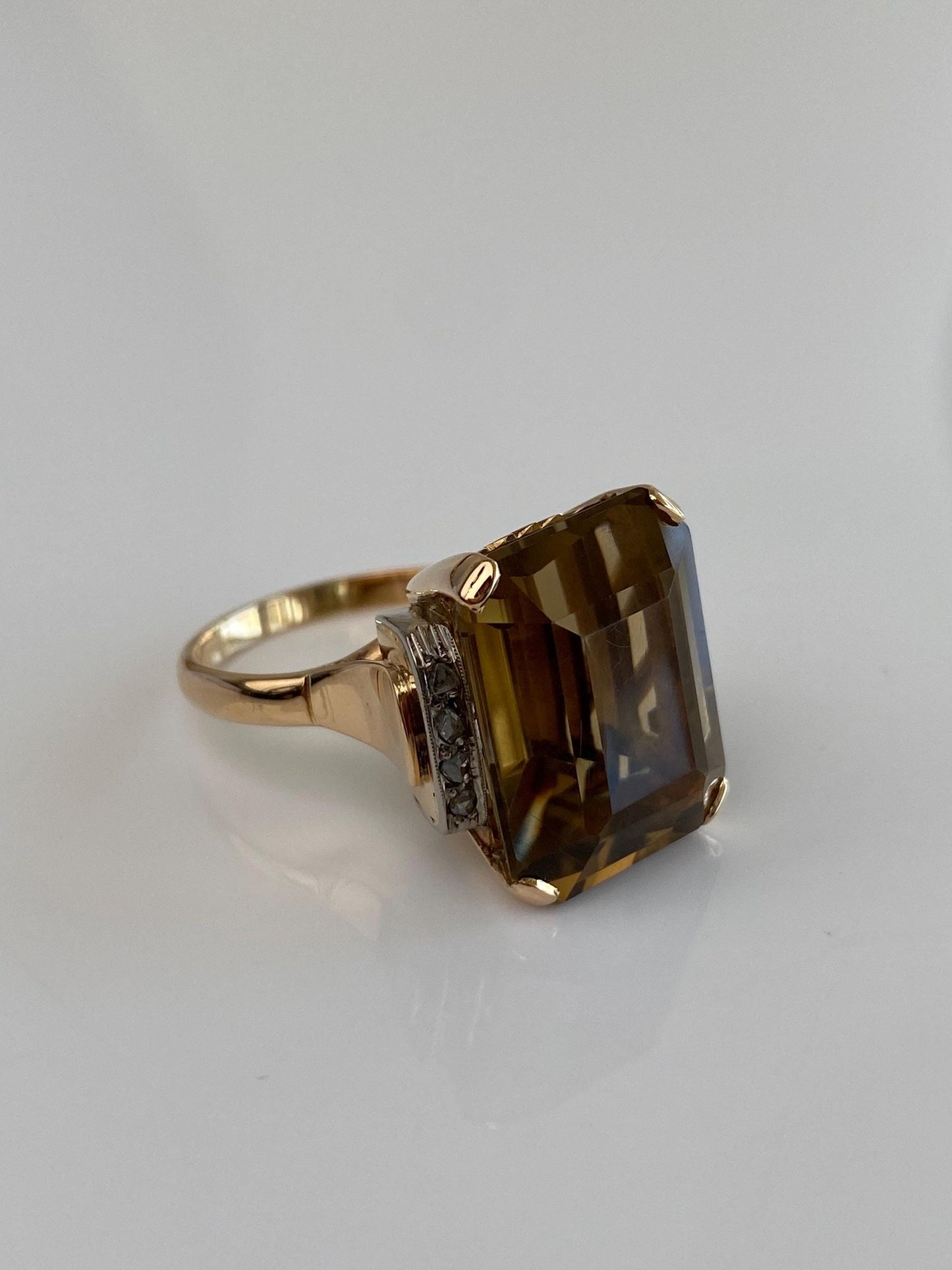 Vintage Solid 18k White & Yellow Gold Raw Diamond Brown Topaz Cocktail Ring - Size 10