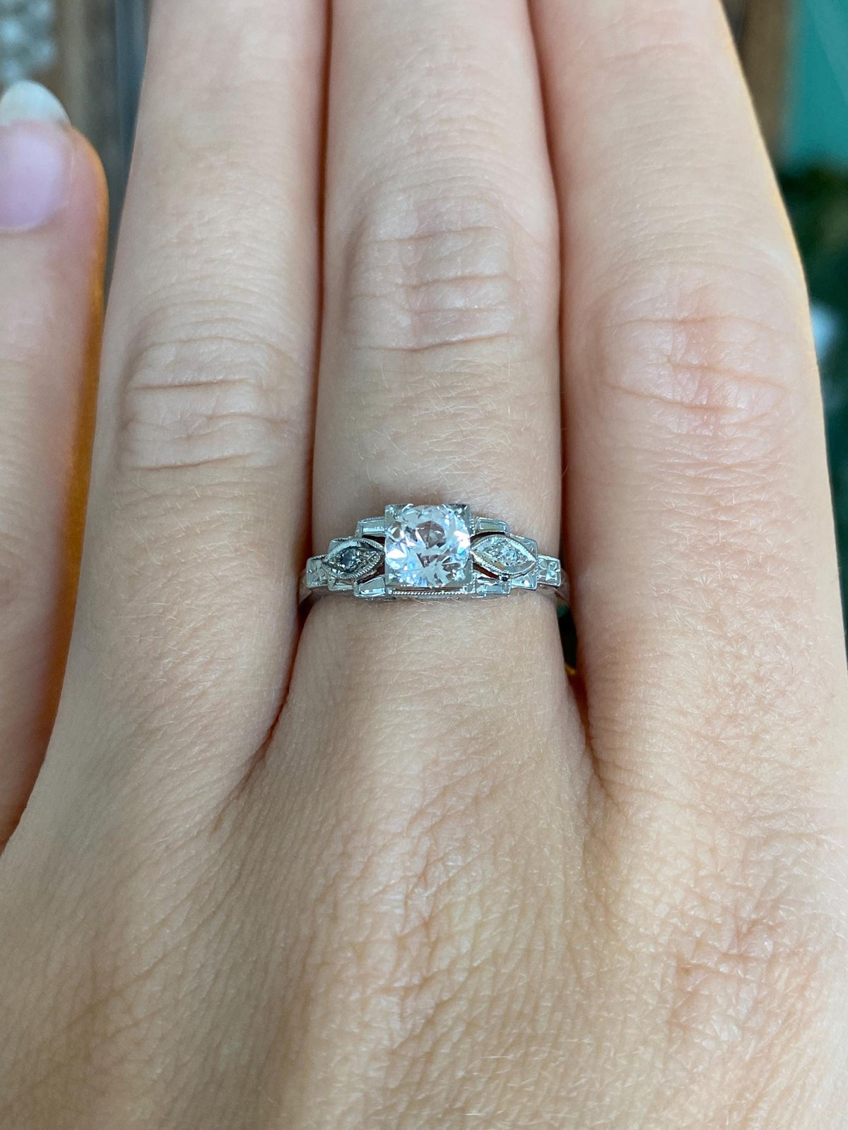 Vintage Solid 18k White Gold Clear Sapphire Diamonds Ring - Size 6.75