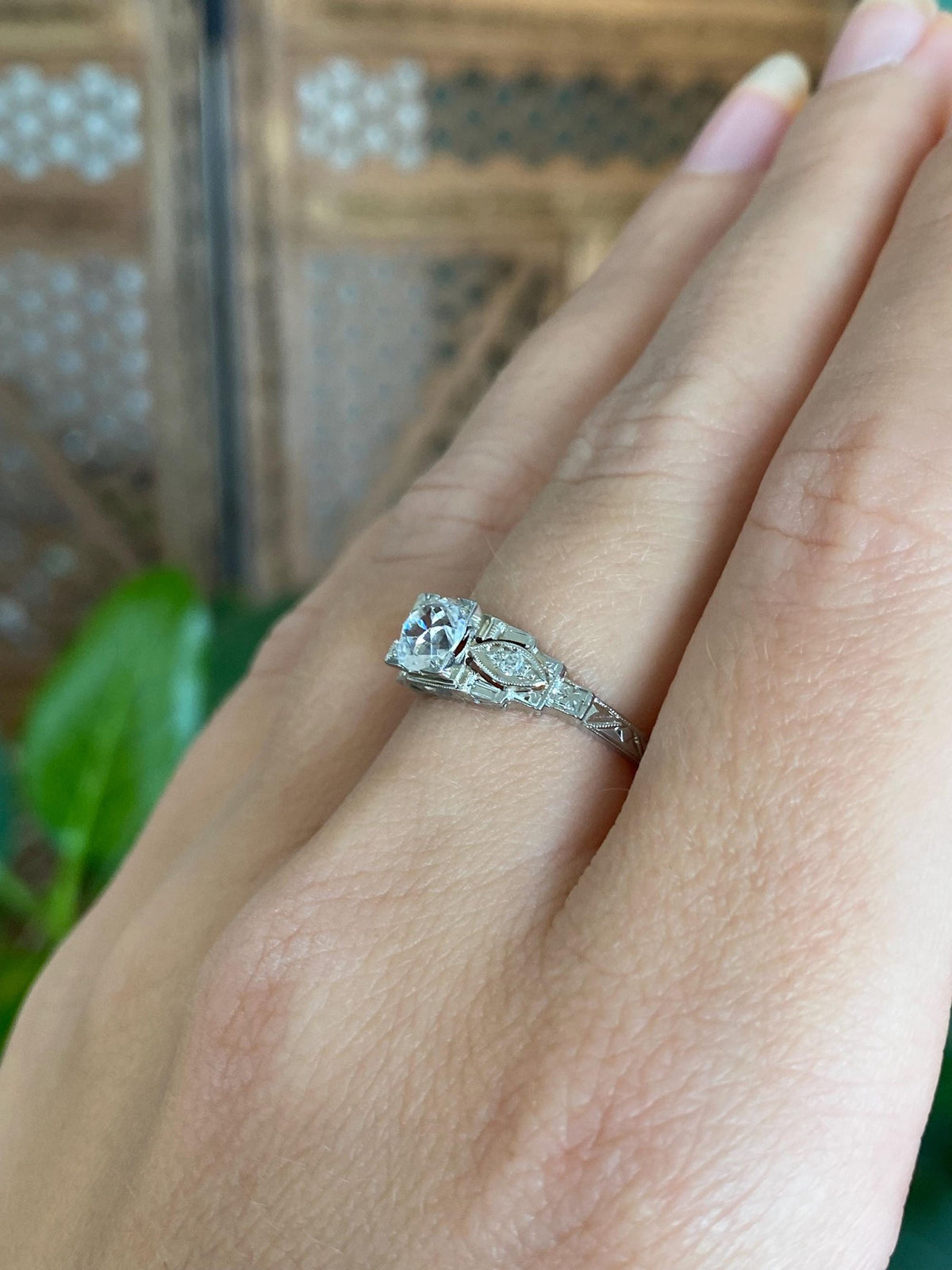 Vintage Solid 18k White Gold Clear Sapphire Diamonds Ring - Size 6.75