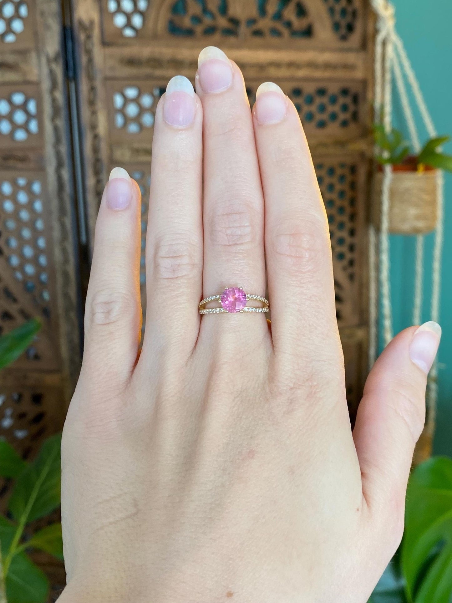 Vintage Solid 14k Yellow Gold Pink Tourmaline Diamond Ring - Size 6