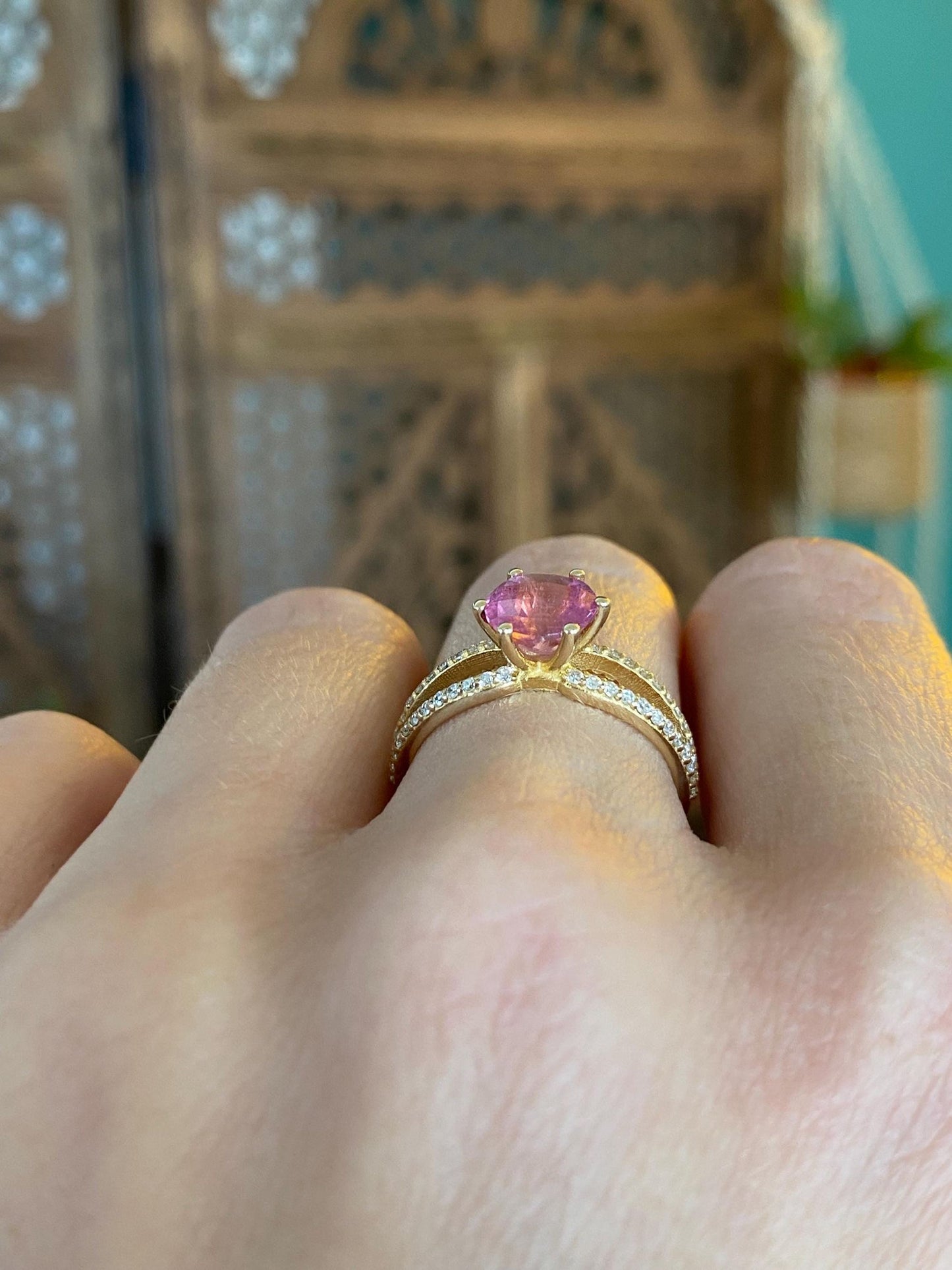 Vintage Solid 14k Yellow Gold Pink Tourmaline Diamond Ring - Size 6